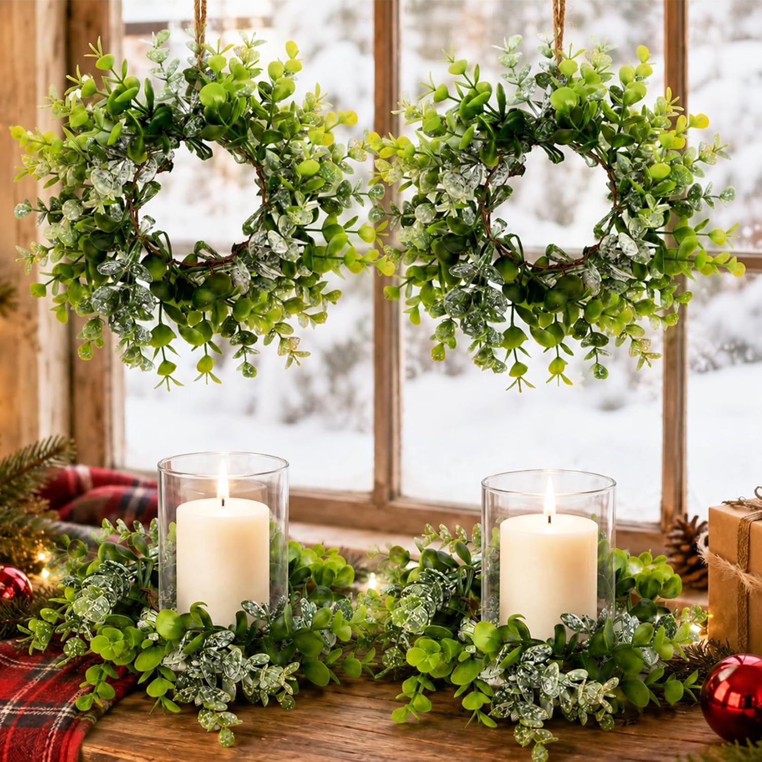 RAINFLOW Christmas Candle Rings Wreath - Fake Eucalyptus Candle Wreath