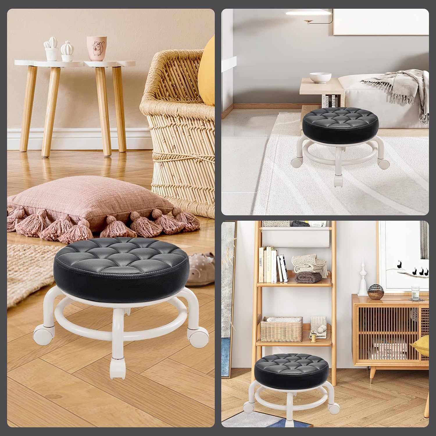 360 Rotating Low Stool,Rolling Pulley Low Stool with Wheels,Shoe Changing Makeup Cleaning with Wheels,Pedicure,Massage SPA and Home (Black)