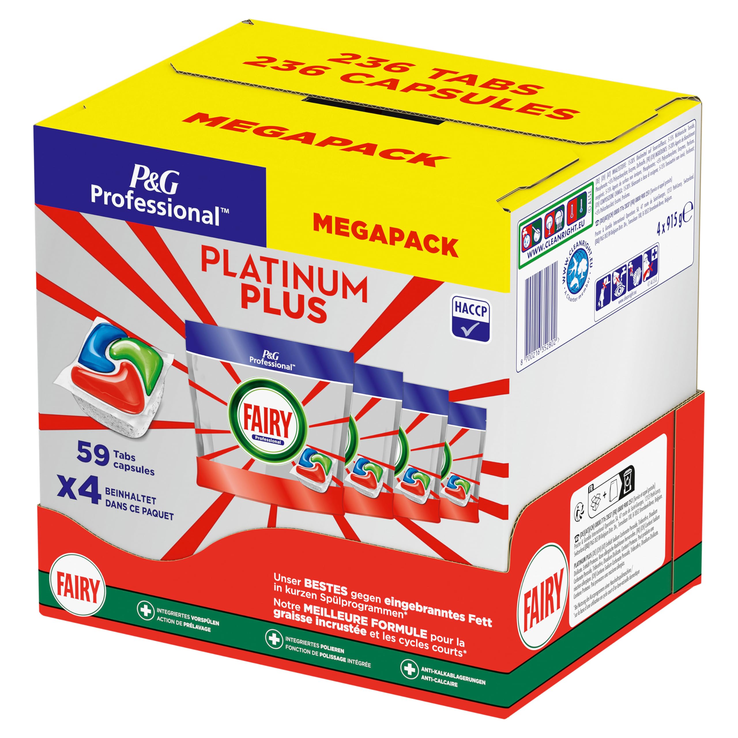 Fairy Professional Platinum Plus Spülmaschinentabs, 236 Kapseln (4 x 59), für Eingebranntes Fett und Kurzprogramme, HACCP-Konform, professionelle Formel für den Einsatz in Gewerblichen Küchen