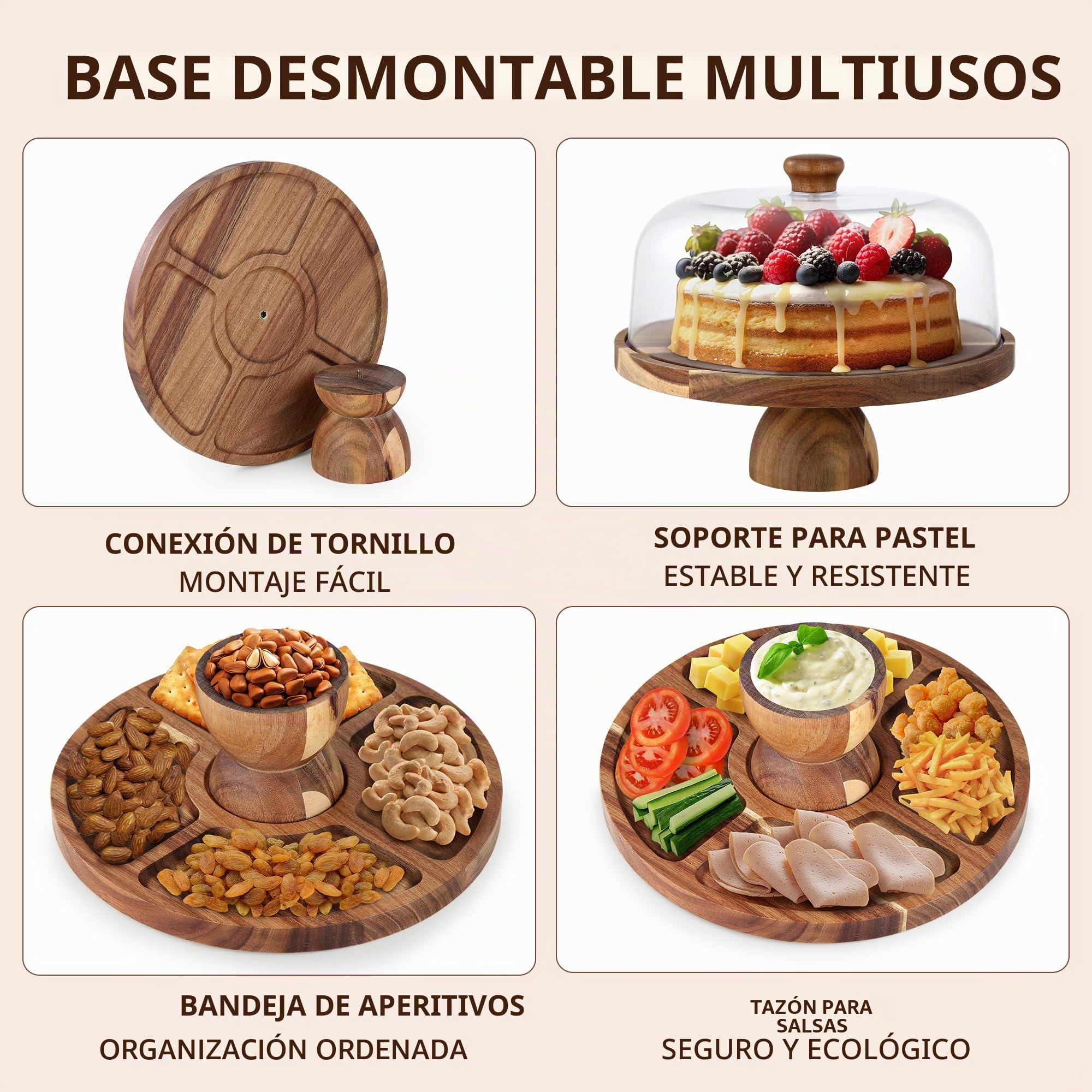 30cm soporte tarta de madera | bandeja doble cara para postres, frutas y snacks con base para tartas desmontable y campana para tartas PET transparente | Ideal boda, fiesta, té de la tarde
