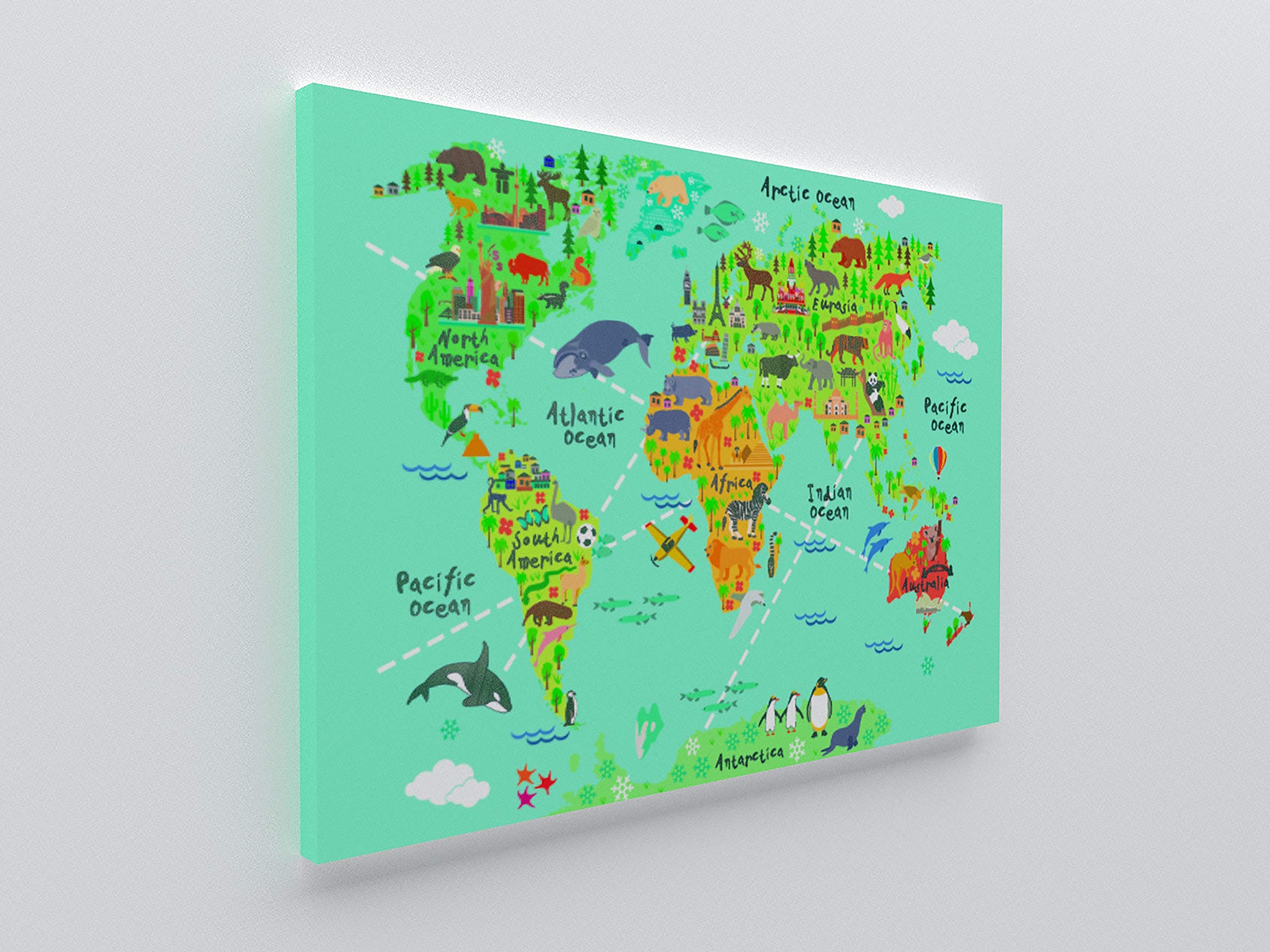 Panorama Lienzo Infantil para habitación Mapa Mundi Niños Animales 100x70cm - Bastidor Incluido - Cuadros Decorativos para Salón - Decoración Moderna
