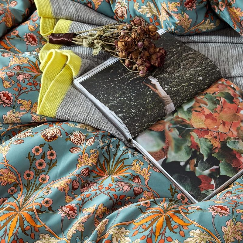 mixinni Vintage Style Garden Flower Duvet Cover Set with Zipper Closure Long Staple Percale Cotton Yellow Vibrant Pattern on Bedding Quilt Cover Set(King, All Season) image 5