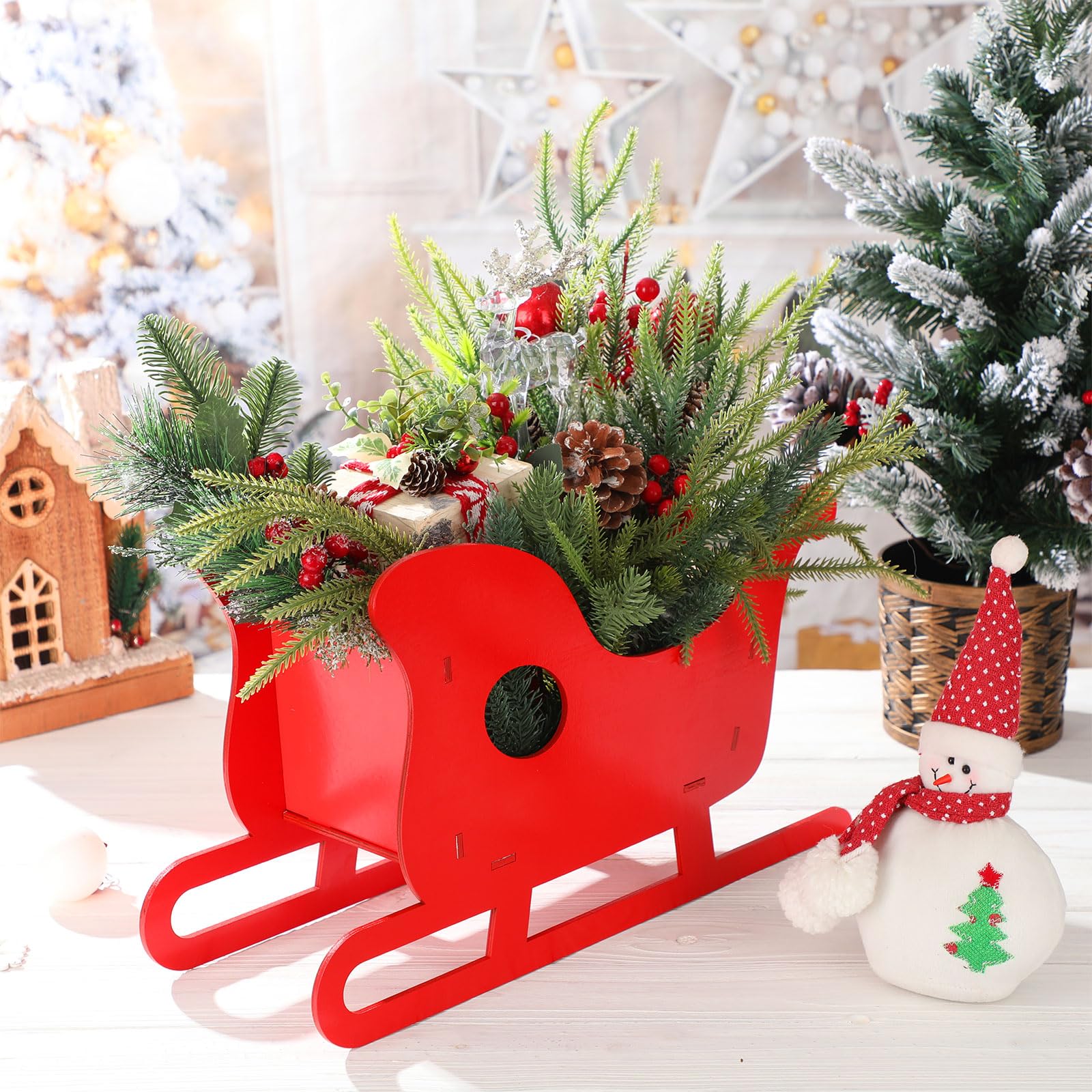 Lineshading Grande décoration de traîneau de Noël en bois rouge de 48,3 x 27,9 cm - Décoration de table rustique pour fête de Noël - Pendentif bol à bonbons