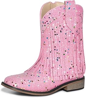 Rollda Fringe Cowgirl Boots, Glitter Cowboy Boots for Girls, Square Toe Kids Sparkle Boots