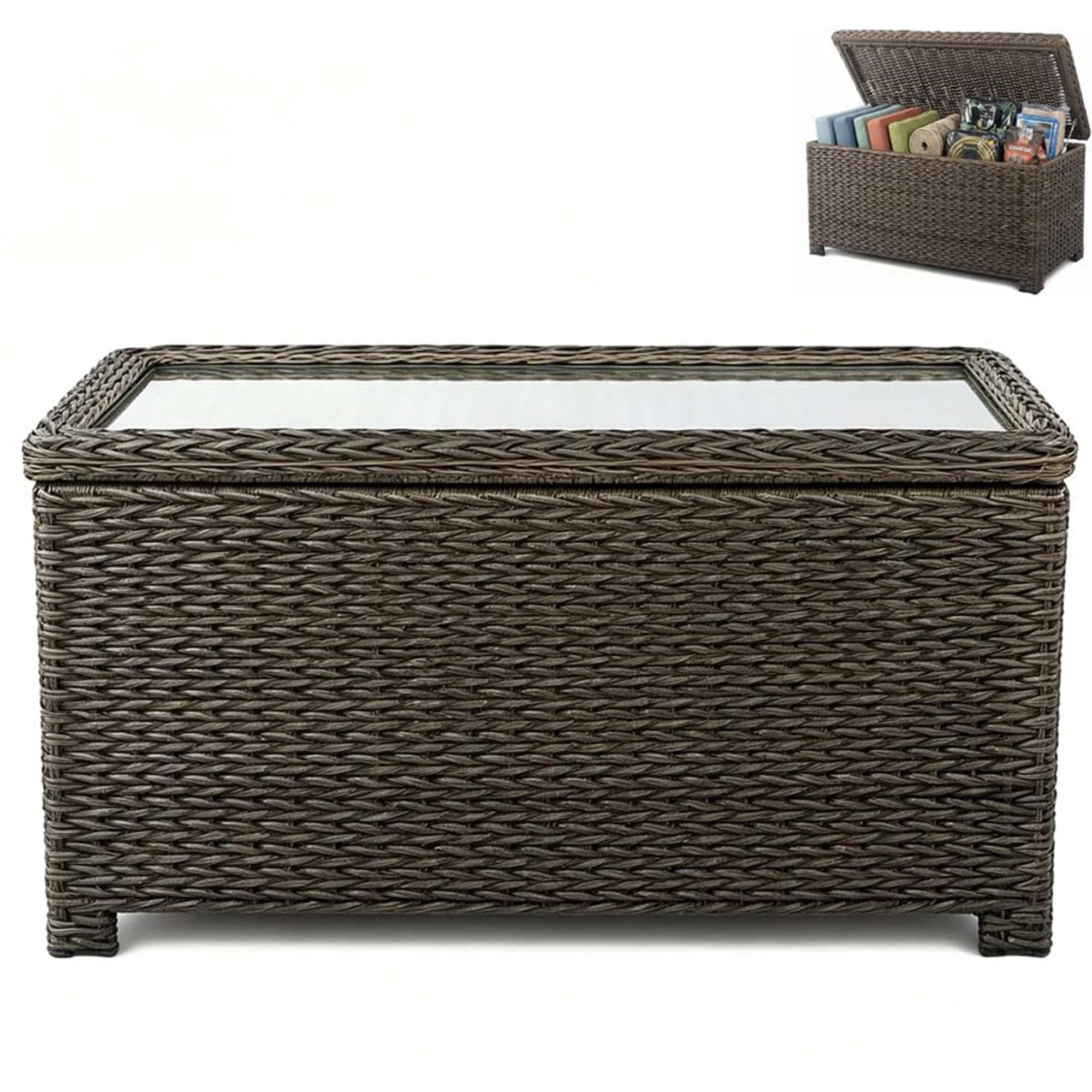 Aviina Laguna Point 104cm Outdoor Storage Coffee Table – Tempered Glass Flip Top HDPE Rattan Wicker Garden Table, All-Weather Patio Furniture for Garden Deck Balcony, Dark Brown
