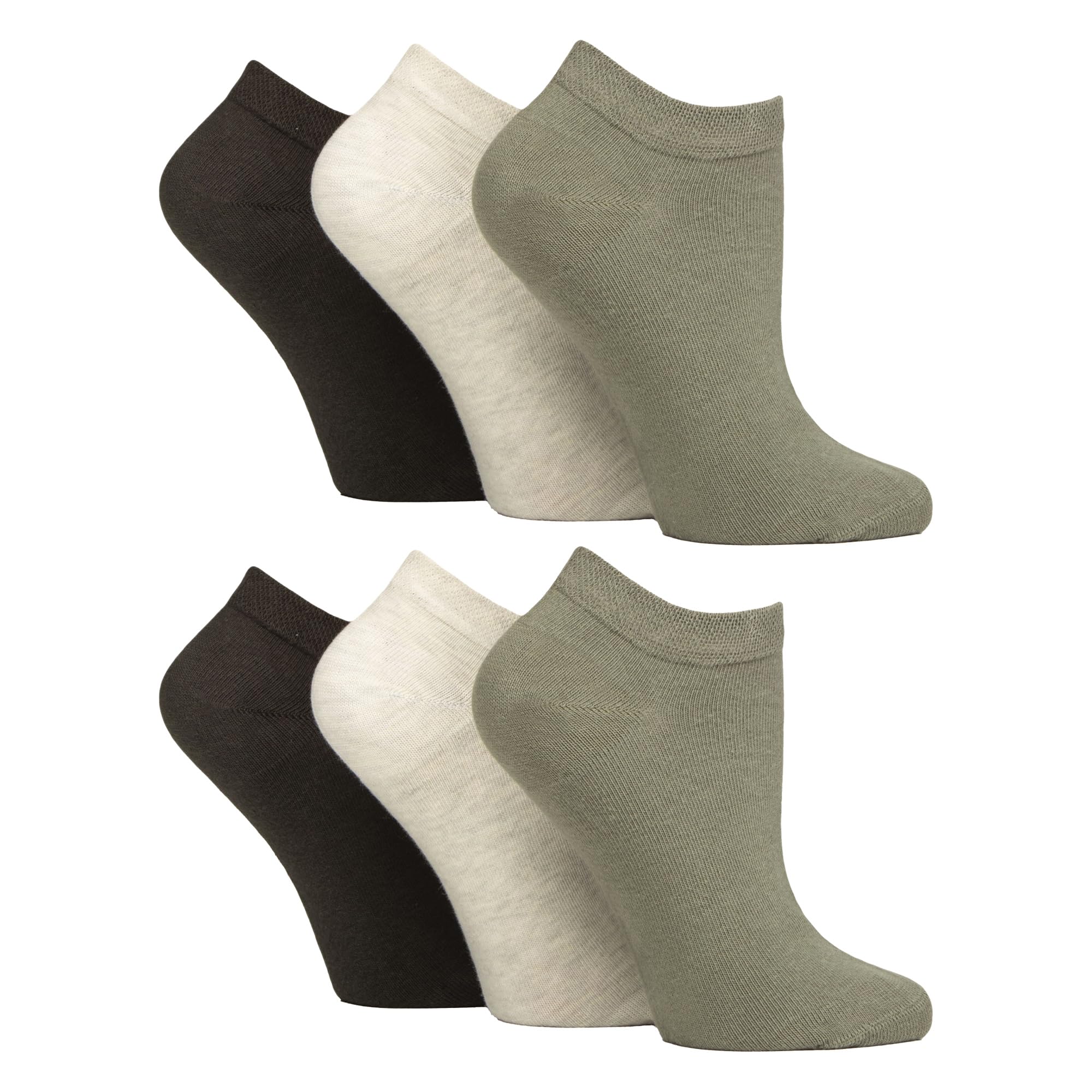 Iomi Women's Khaki/Forest/Cream/Grey 6 Pairs Diabetic Trainer Socks Extra Wide Ankle Socks For Swollen Feet (, 4-8)