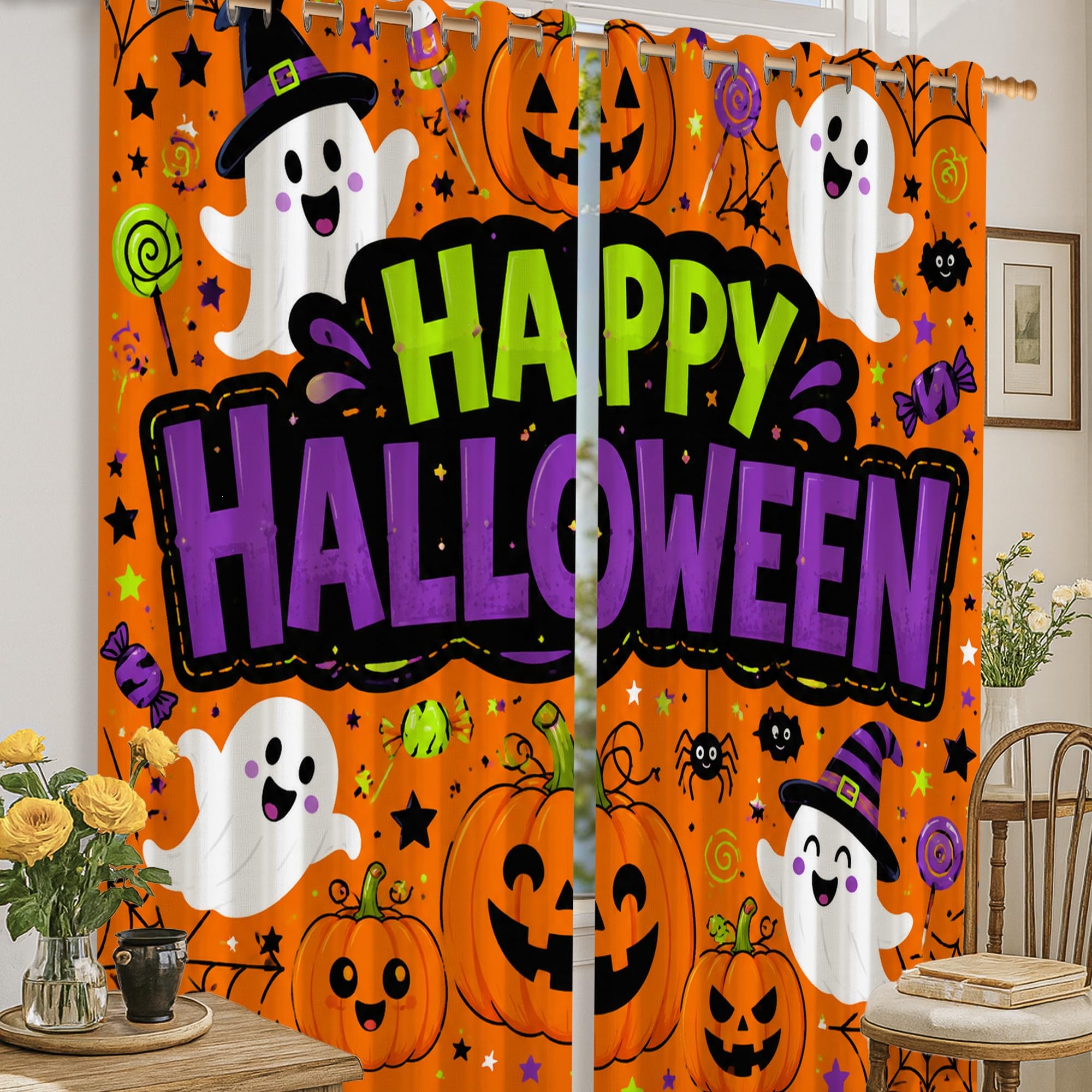 Rideaux occultants Halloween imprimé citrouilles pour créer un salon cocooning en automne