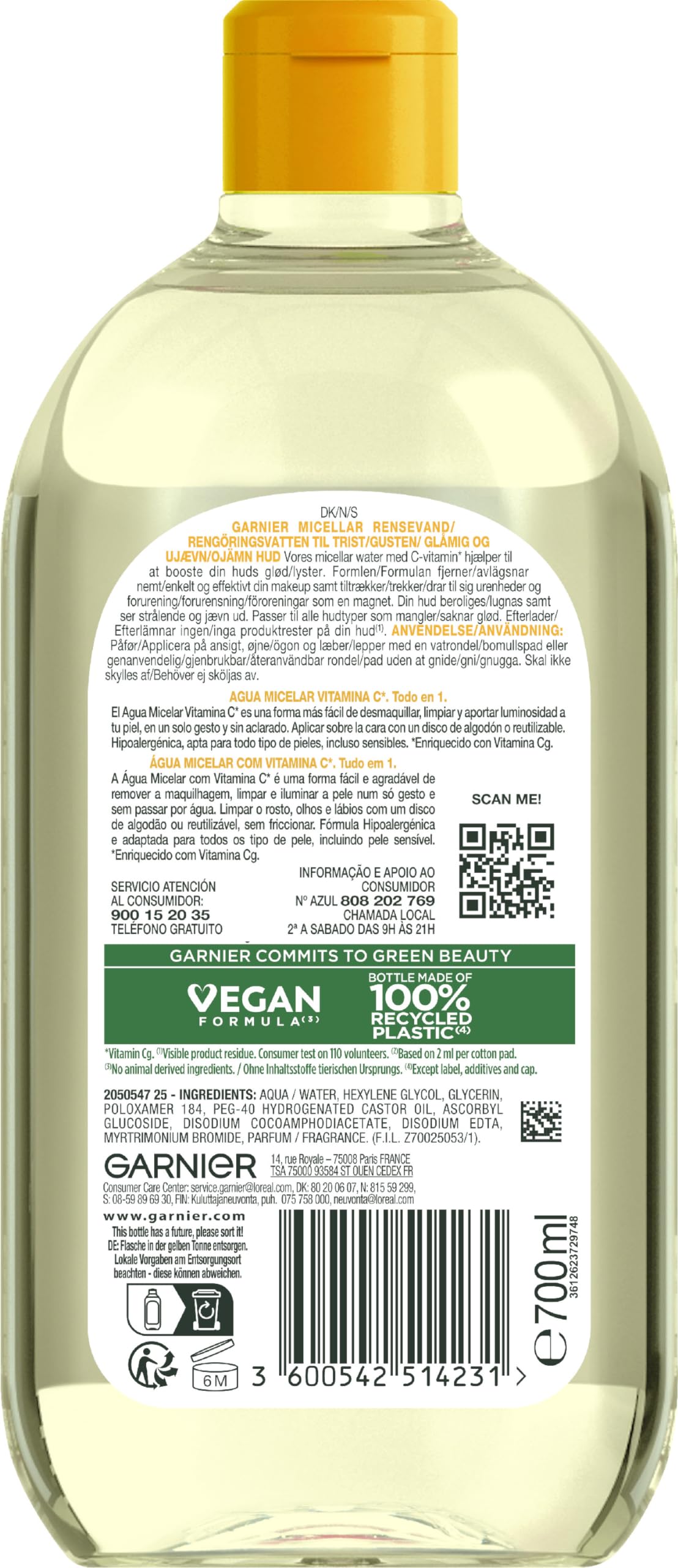 Garnier Delikatny płyn do twarzy micelarny, delikatna woda oczyszczająca do usuwania makijażu, dla promiennej i budzenia cery, z witaminą C, SkinActive All-in-1, 1 x 700 ml