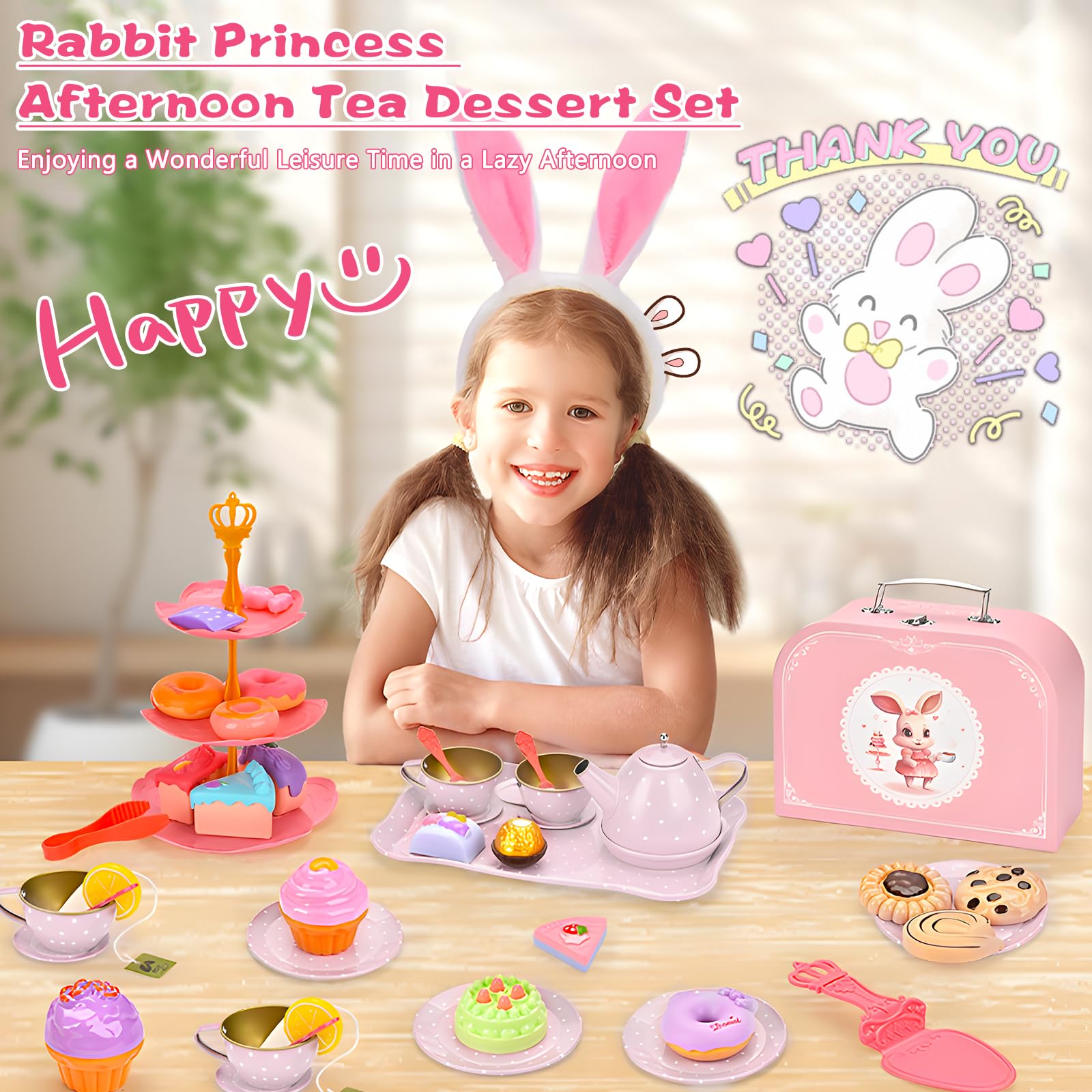 50-teilig Teeservice Kinder,Puppengeschirr Kinderküche Tin Teekanne Set,mit Rosa Bunny Spielzeug Tragetasche,mit Dessert Rollenspiele für 3 4 5 6 7 Kinder Mädchen