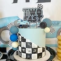 Vista 5 de Decoración para pastel de segundo cumpleaños de auto de carreras, decoración de fiesta temática rápida, decoración de pastel de madera azul y gris