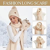Vista 4 de Coolprince Gorro de invierno para mujer, bufanda larga, guantes para pantalla táctil, con forro polar, gorro de punto cálido con pompón