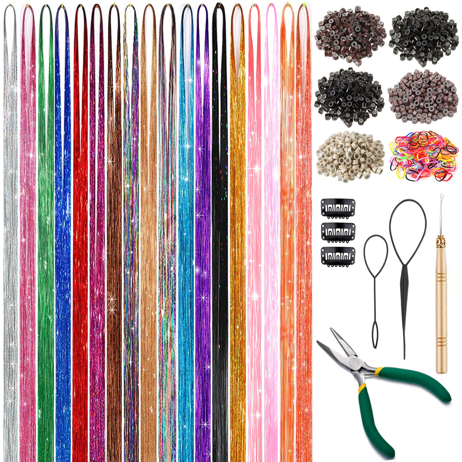 Hair Tinsel Kit (48 Inch, 18 Colors, 7200 Strands), Glitter Tinsel Hair Extensions with Tools - Fairy Hair Tinsel Heat Resistant Accessories for Women Girls Kids