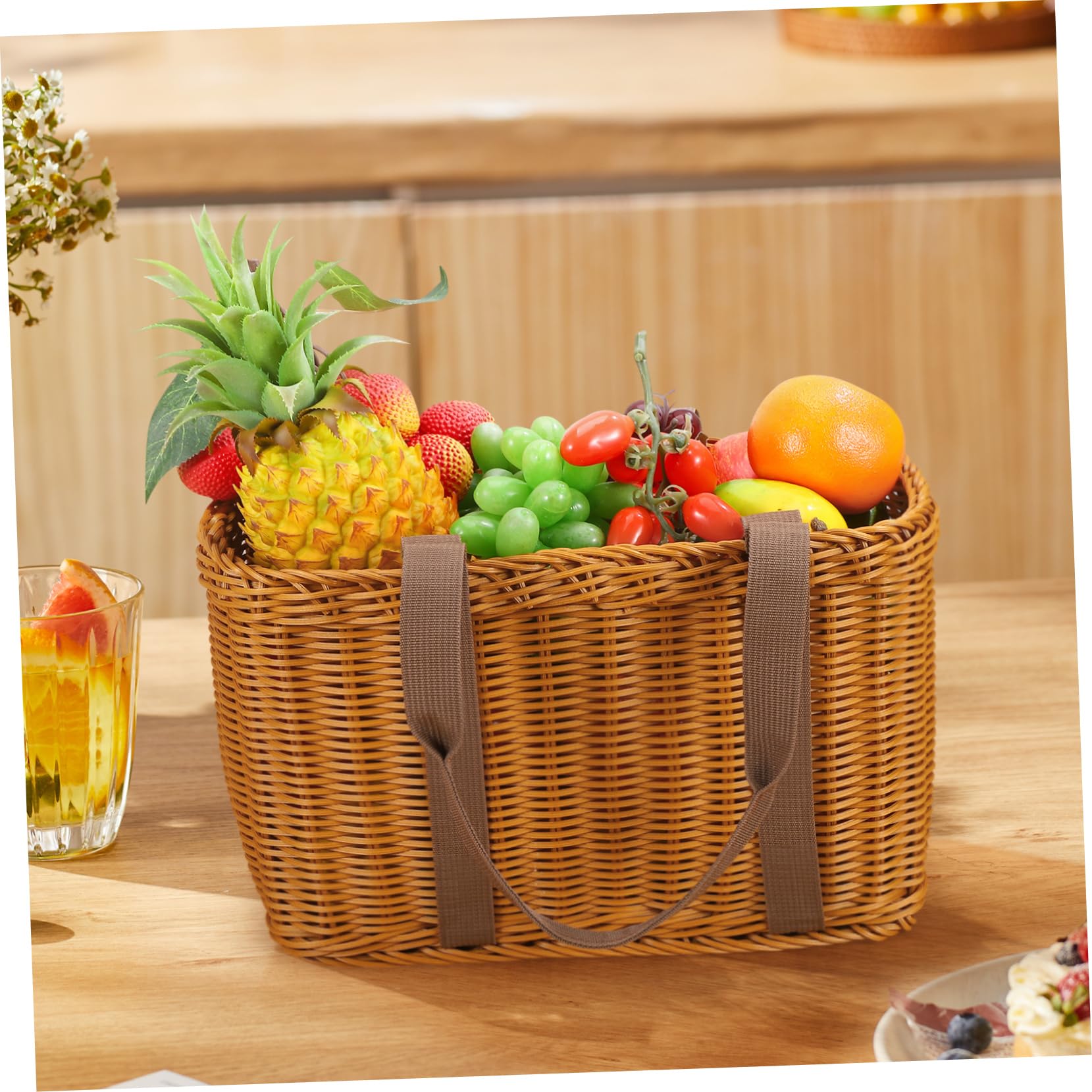 Cesto Intrecciato Marrone in Pp Robusto e Pratico, Portaoggetti da Cucina e Frutta, Contenitore Portatile per Banchetto e Picnic