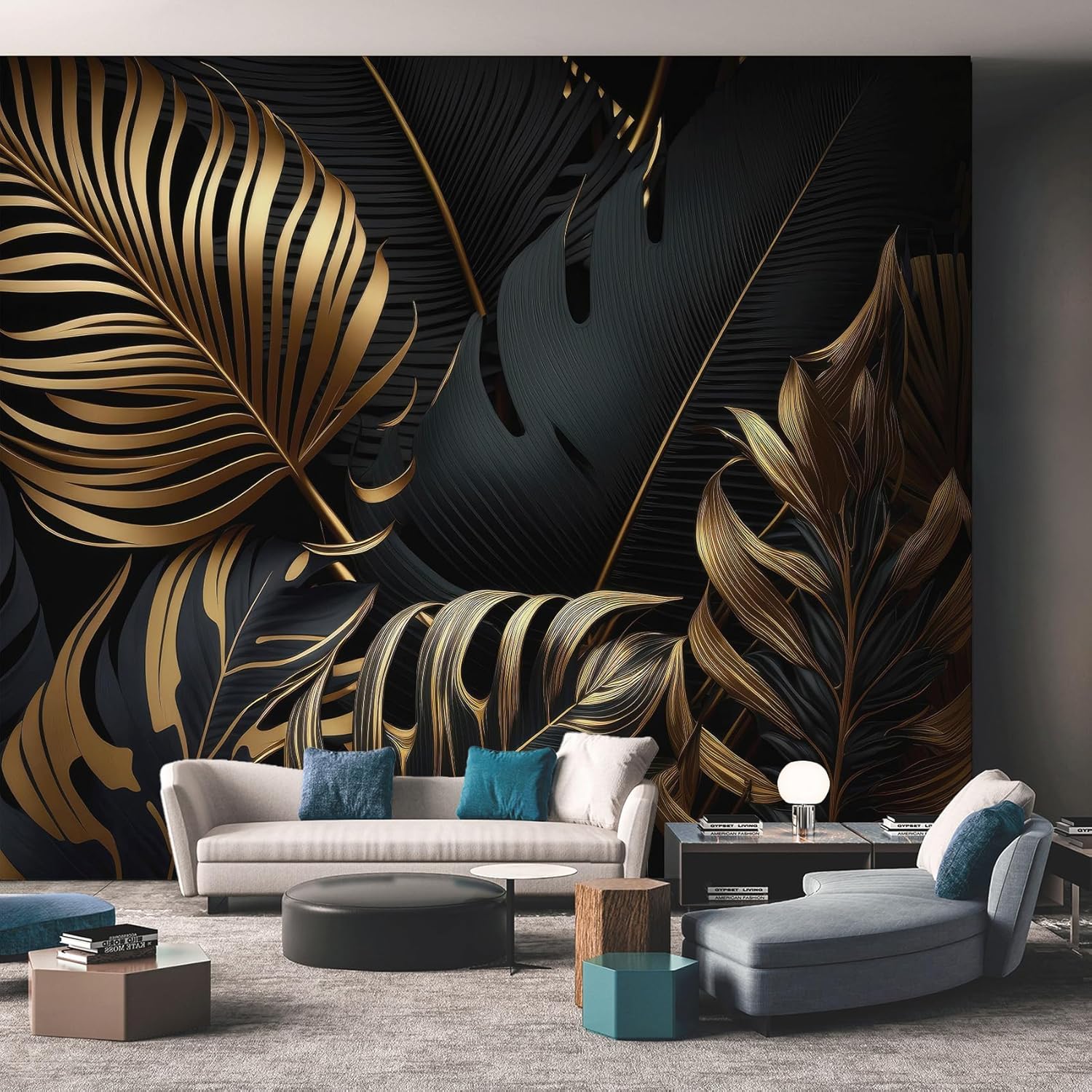 Black and Gold Peel and Stick Wall Mural 173" x 108", Tropical Palm