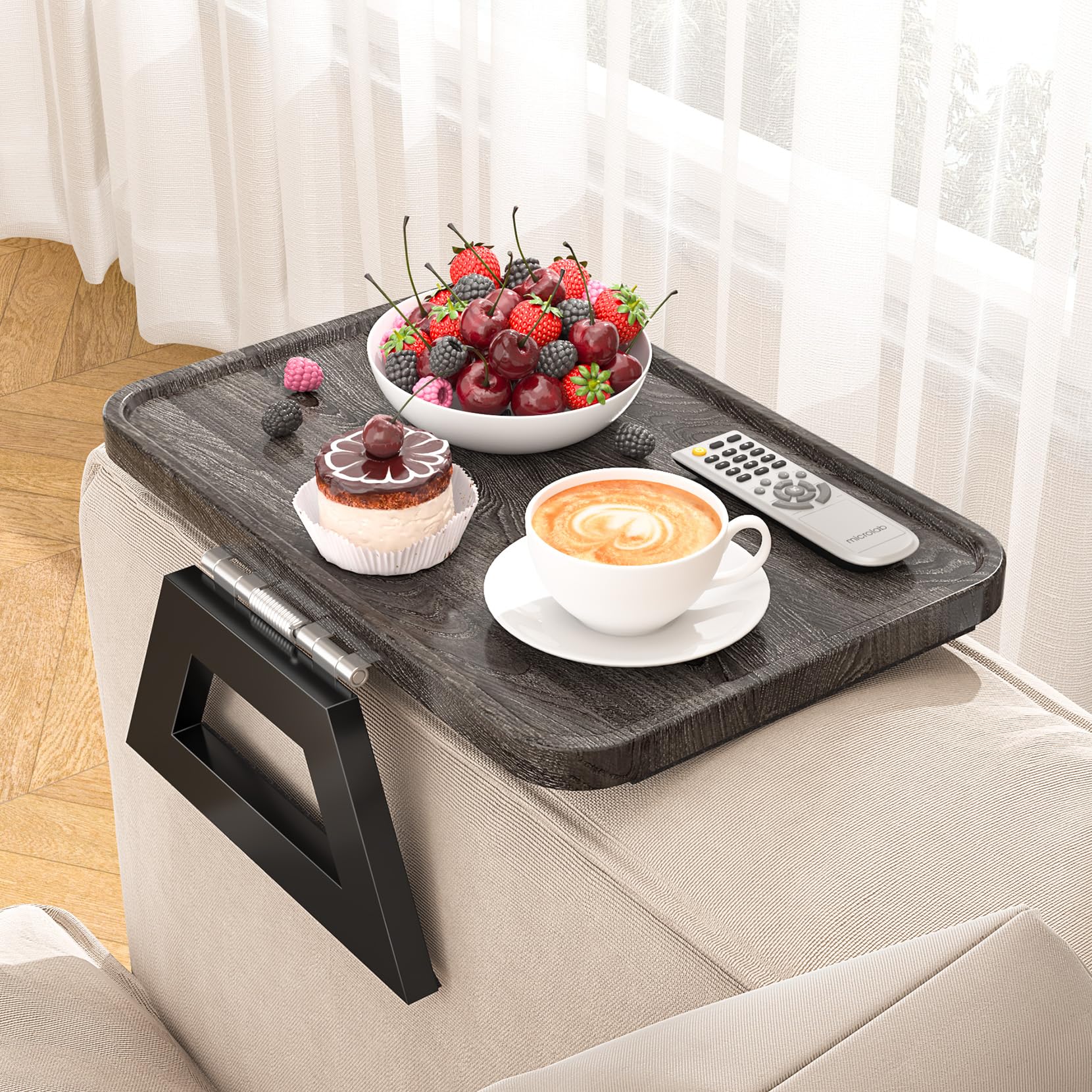 YASONIC Couch Arm Tray, Wood Sofa Armrest Tray for Small Space, Non-Slip/Collapsible Sofa Arm Table with Strong Clamping Force, Free-Installation Trayble for Drinks/Snacks/Books/Remote, Dark Grey