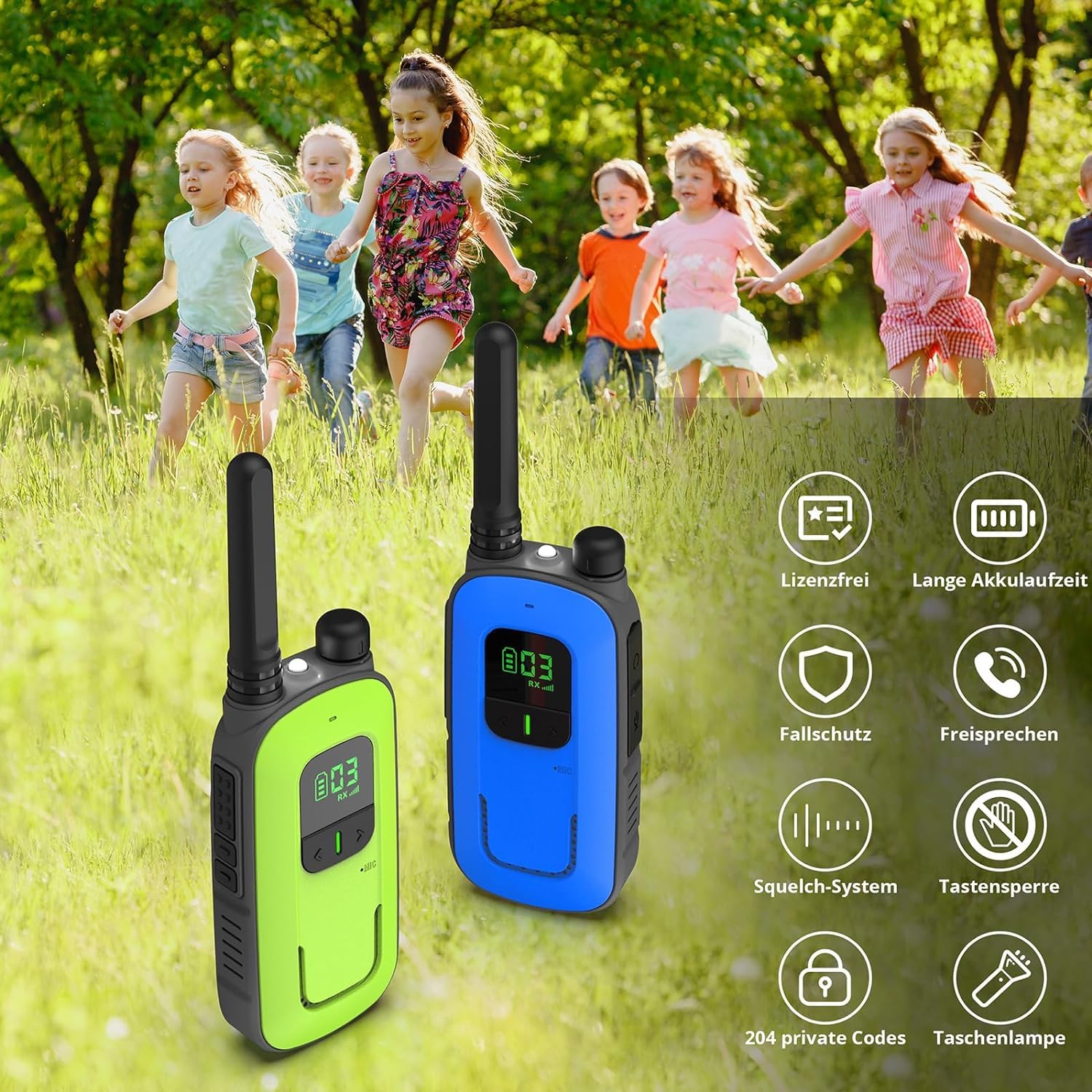 Radioddity PR-T3 Walkie Talkie für Kinder 16 Kanäle PMR446 Funkgerät ab 3 Jahre VOX mit Taschenlampe 4KM Reichweite, 2 Stücke (Blau & Grün)