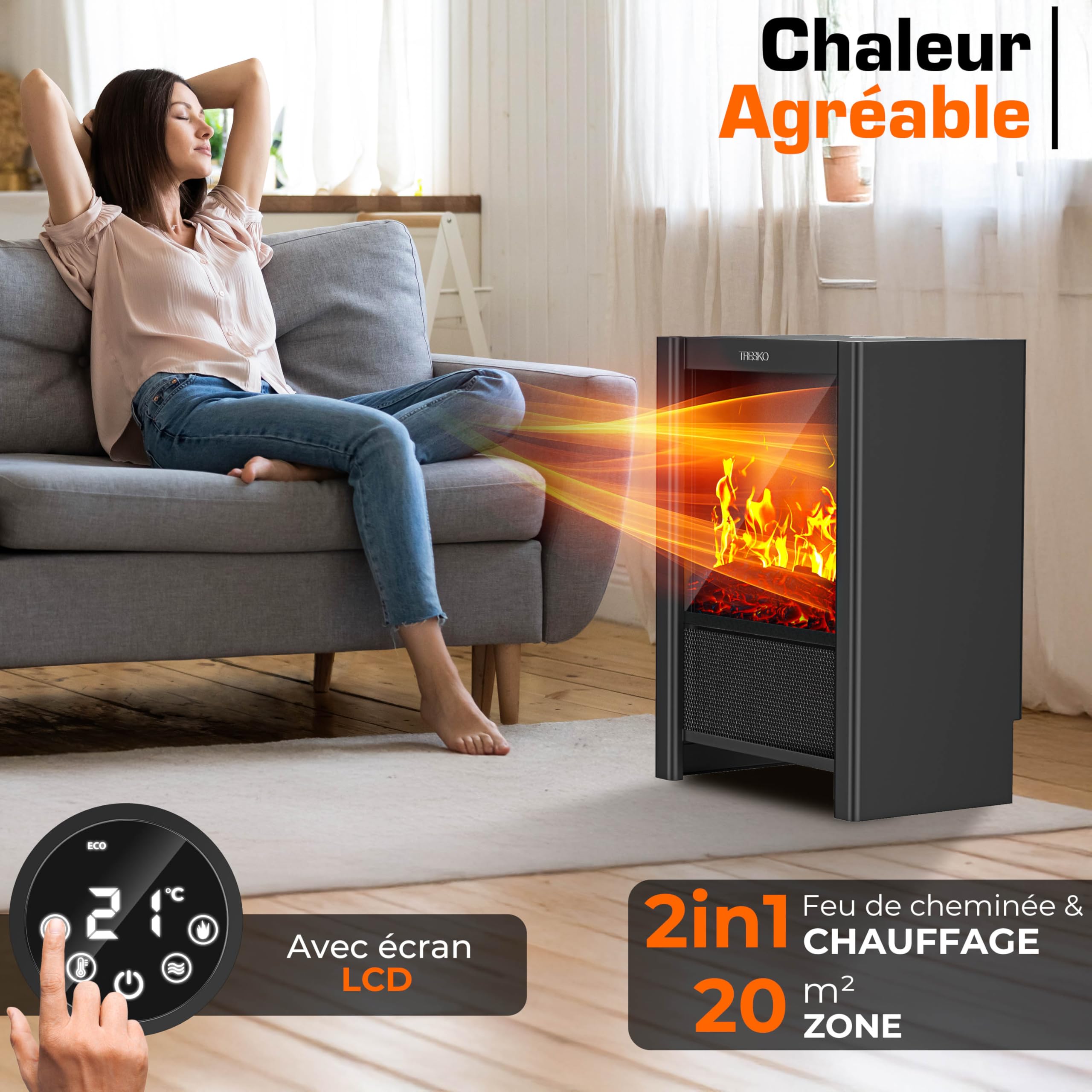 TRESKO® Cheminée électrique 2000W, Maison Intelligente WiFi app & télécommande | Poêle électrique Effet Flamme LED & écran LCD | Foyer électrique avec Thermostat | Chauffage soufflant minuterie