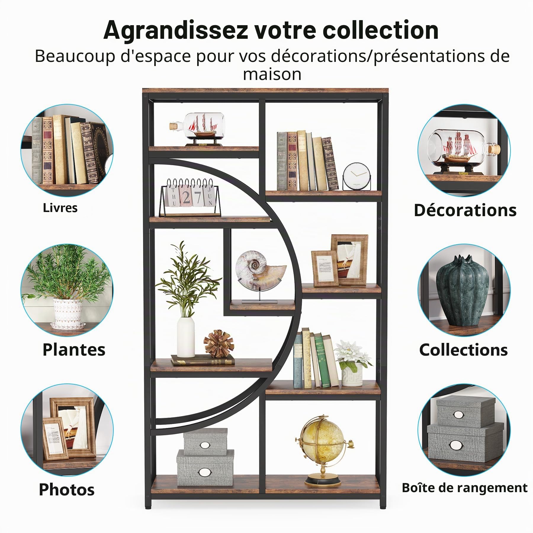Tribesigns Bibliothèque Industrielle à 5 Niveaux, Haute bibliothèque Autonome avec étagère de Rangement à 9 Ouvertures pour Salon, Chambre à Coucher, Bureau à Domicile