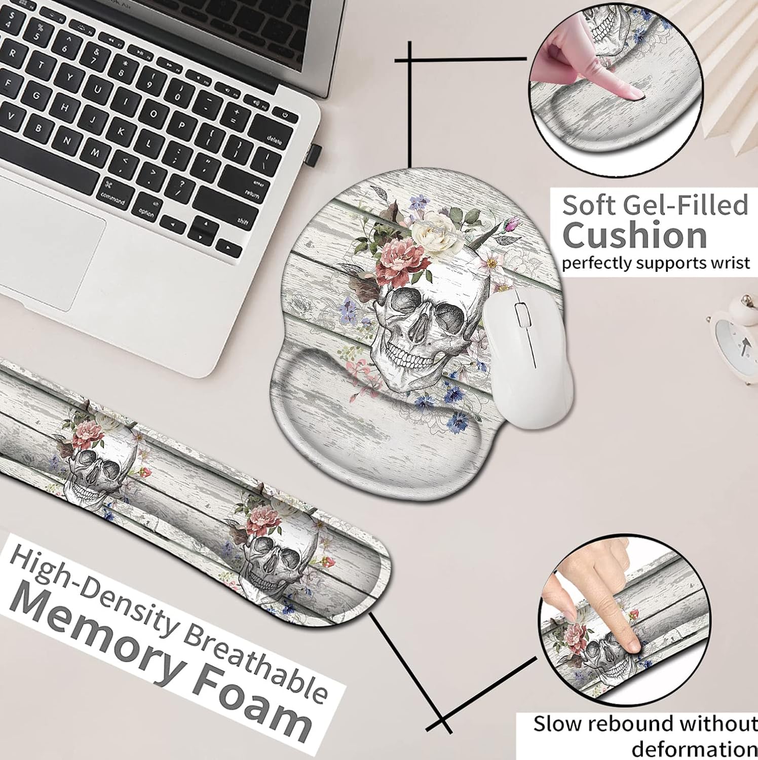 Mouse Pad with Wrist Support, Ergonomic Gel Mouse Pad, Memory Foam Keyboard Wrist Rest, Pattern Design of Skull Skeleton Flowers on Vintage Wood Suitable for Office Typing, Games, Desktop Decoration