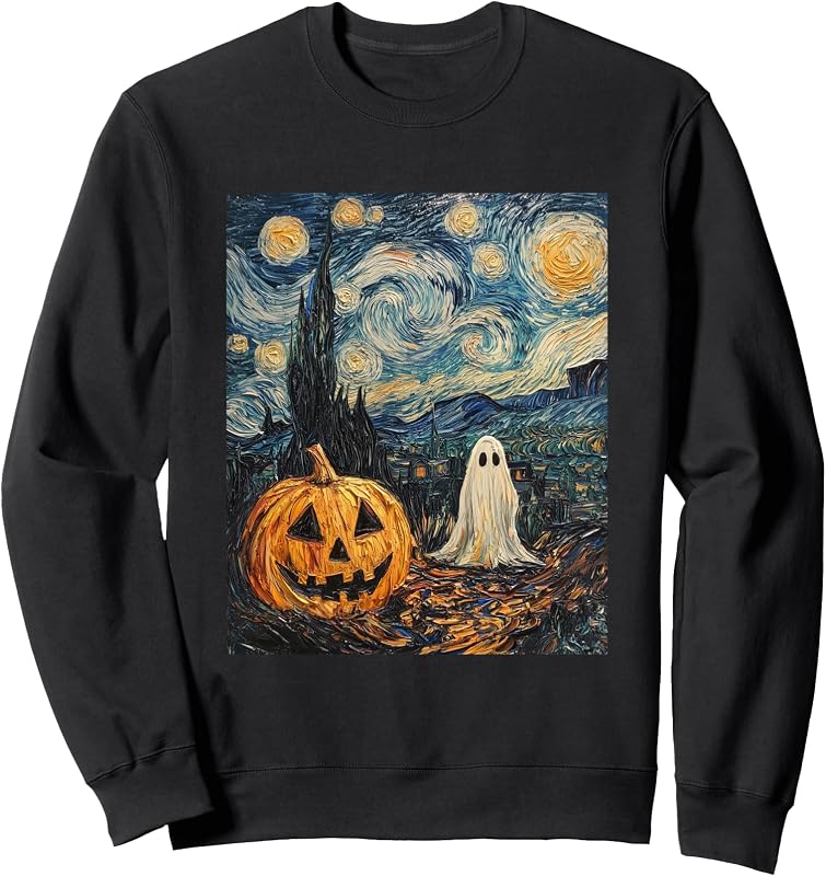 Pumpkin Jack O Lantern Ghost Van Gogh Style Starry Night Sweatshirt