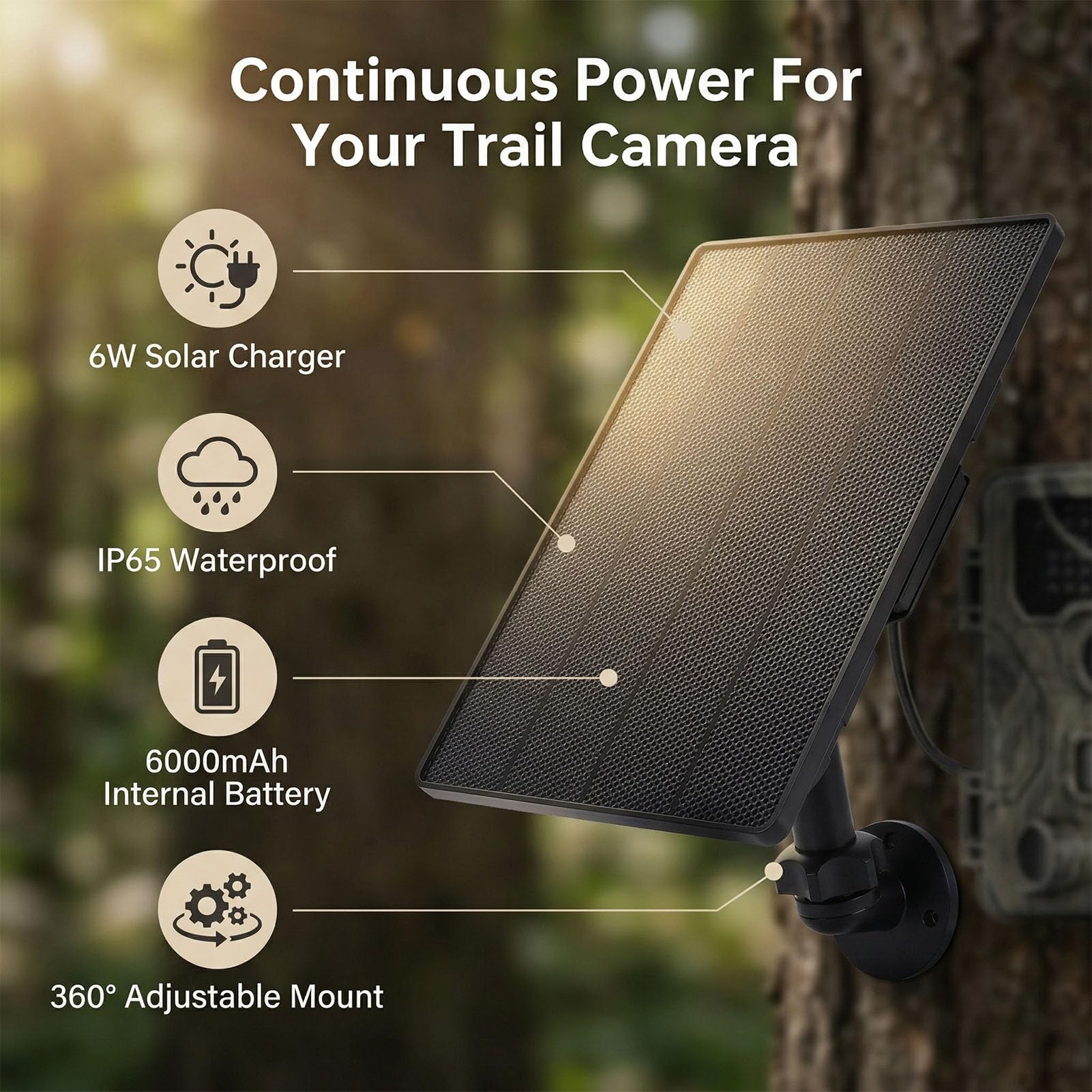 Fockety Wildkamera Solarpanel, 6 W, 360° Drehbar, 6000 MAh, Wiederaufladbarer Lithium Akku, IP65, Wasserdichtes Solar Ladegerät Set für Überwachungskameras, Mobilfunk