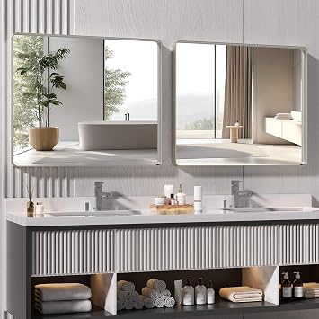 Hasipu 2 Pack 36"x30" Bathroom Mirror Brushed Silver Metal Framed Mirror | Modern Rounded Rectangle, HD Anti-Rust Tempered Glass, Horizontal/Vertical, Vanity Mirror Set, Double Sink Bathroom