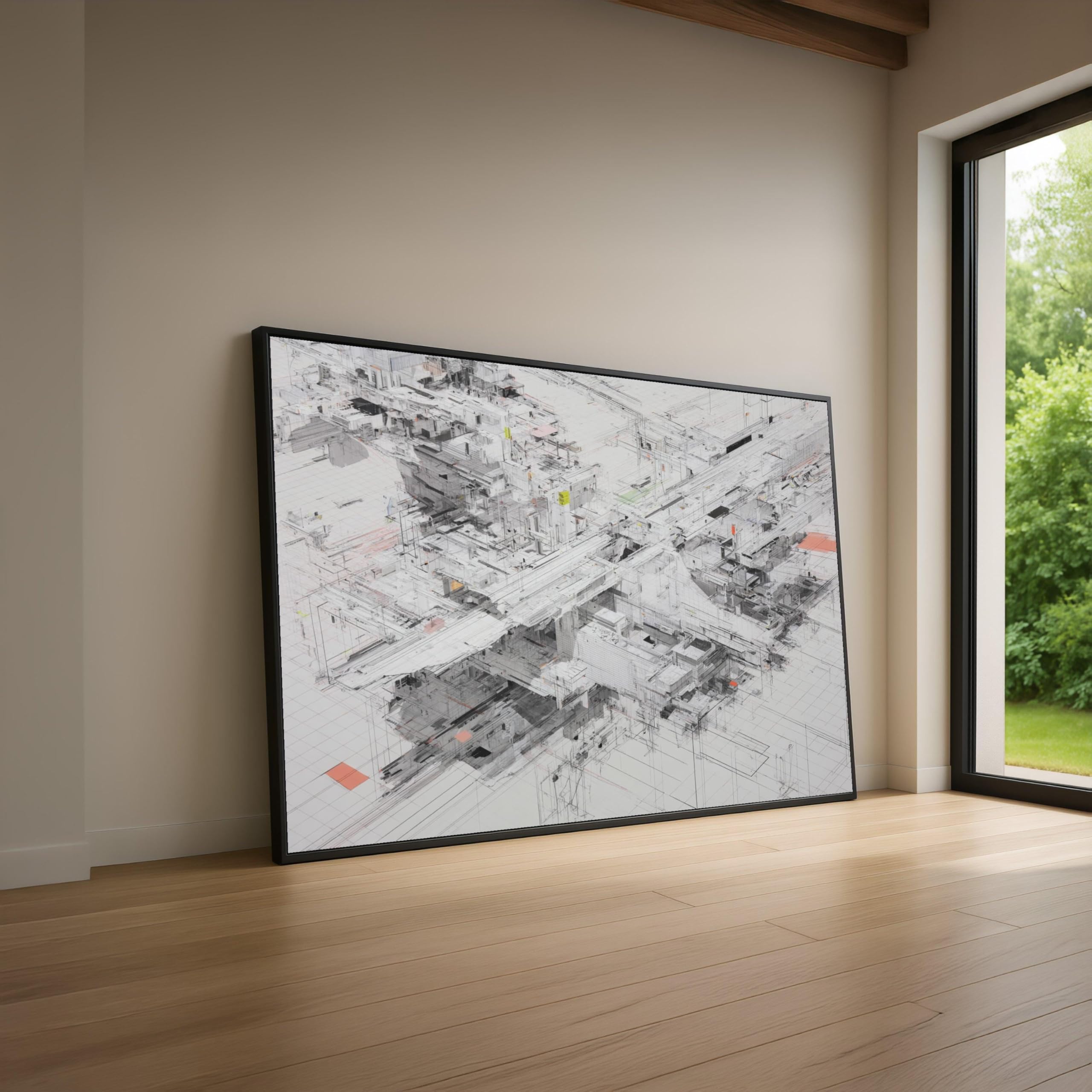 XINBAO Modern Architectural Abstract Canvas Wall Art, Urban Cityscape Design, Geometric Lines Painting, Contemporary Home Decor(60x80cm/Inner frame)