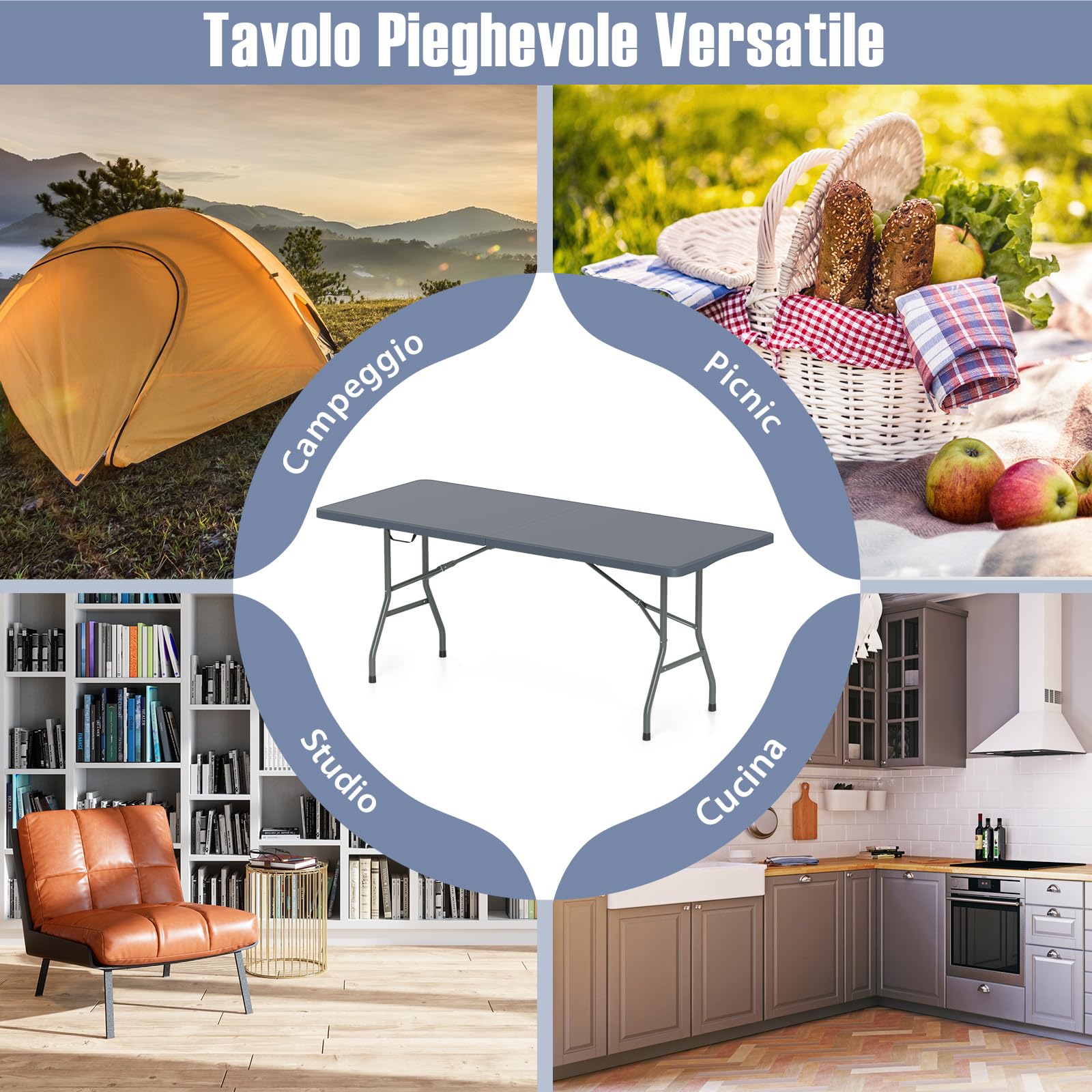 COSTWAY Tavolo Pieghevole Portatile da 180 cm, Tavolo da Campeggio in HDPE, Meccanismo di Blocco Sicuro, Tavolo da Picnic con Maniglia, Portata 160 kg (180 cm,Grigio)