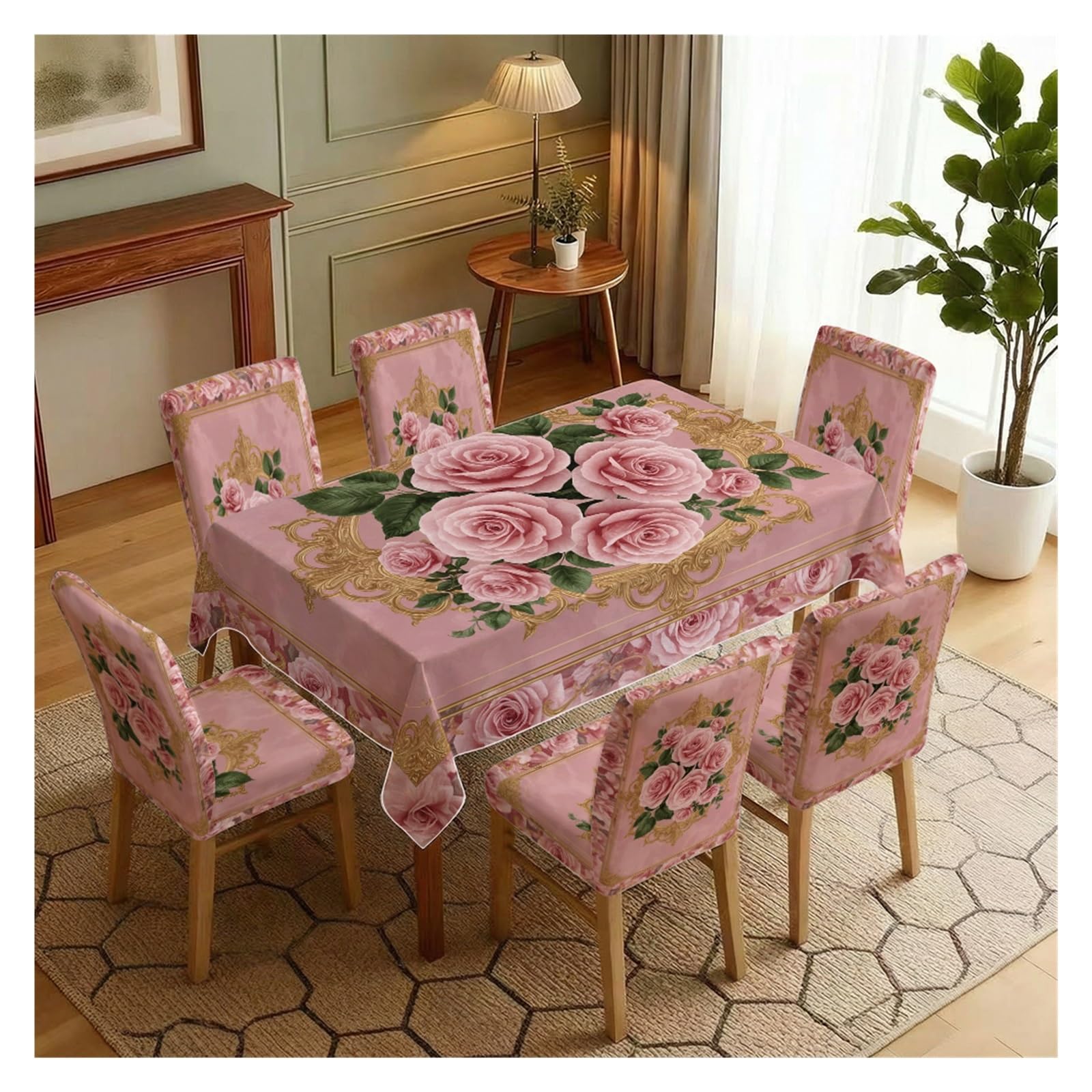 KXUAUV Stretch Dining Chair Slipcovers And Tablecloth Set, Soft Pink Rose Golden Decor Print, 5/7 Pack For Dining Room Romantic Home Decor Party Decor(7pcs Set: Tablecloth+Chair Covers)