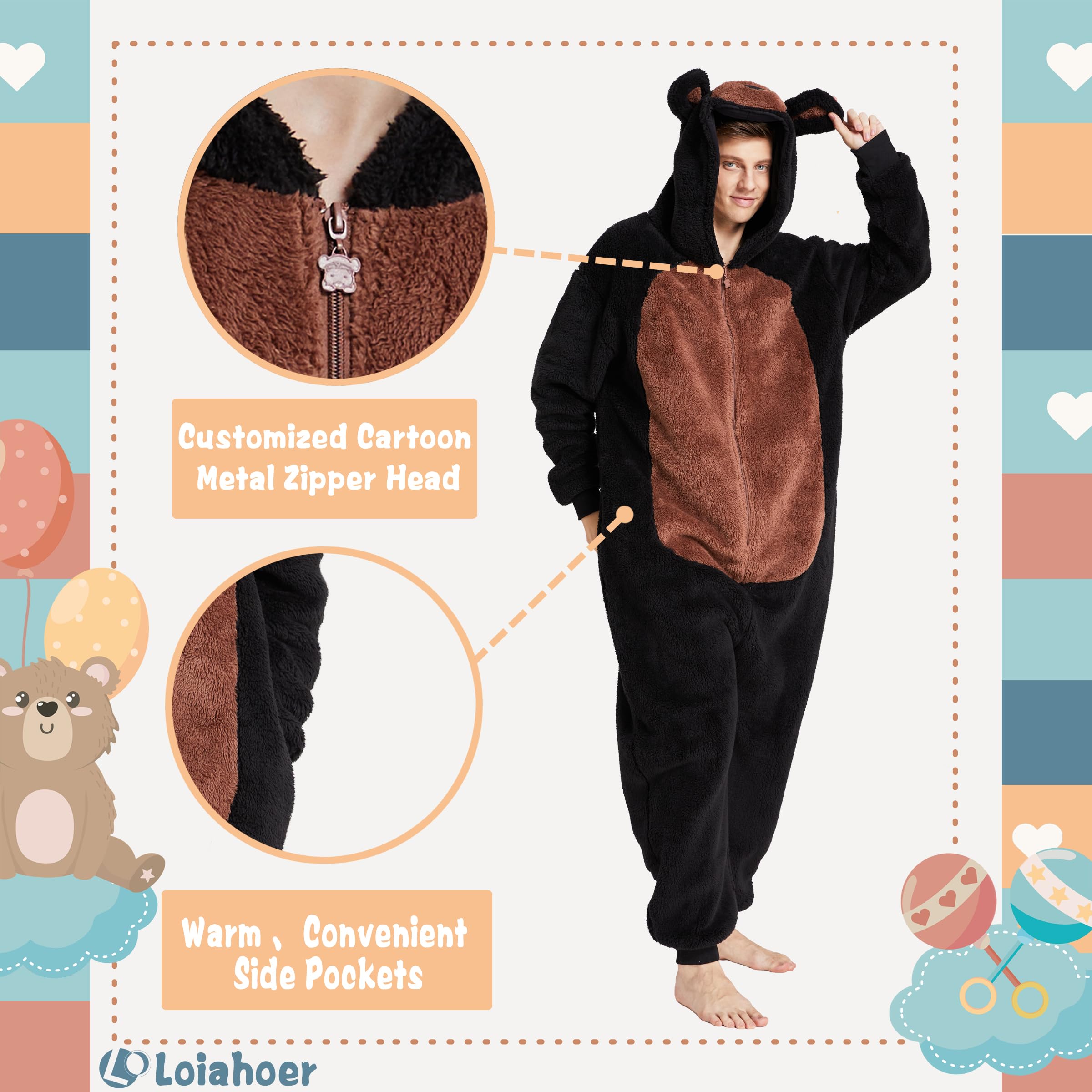 Loiahoer Unisex Erwachsene Bär Onesie Kostüm Pyjama Halloween Cosplay Kostüm Neuheit Tier SHU Velveteen Weihnachten Schlafanzug Pyjamas Set für Familie & Paare