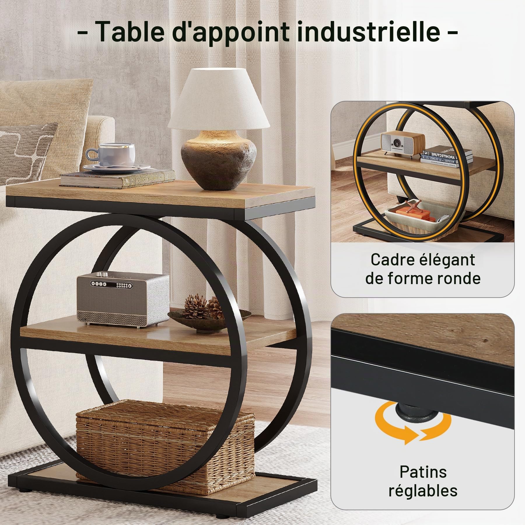 Tribesigns Table d'appoint à 3 niveaux, style industriel avec cadre rond en métal pour salon, table de chevet en bois pour chambre à coucher, chêne
