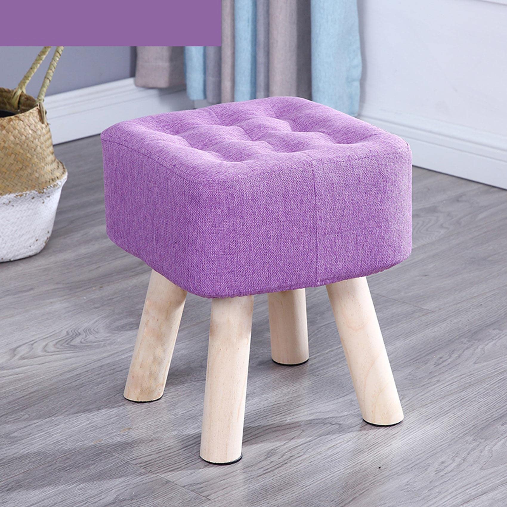 Tabouret carré en lin violet pour salon et chambre avec pieds en bois