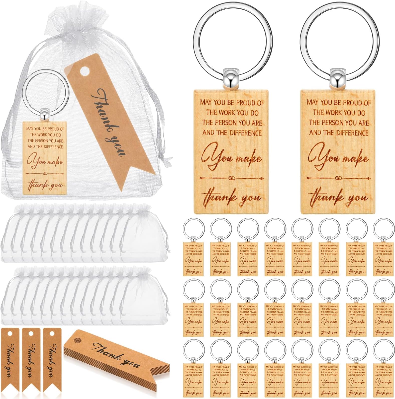 Herdear 24 Set Thank You Gifts Employee Appreciation Gifts Wooden Inspirational Keyring Keychains with Thank You Cards White Organza Bags Christmas Gifts Bulk for Colleagues Staff Women Men(Classic)