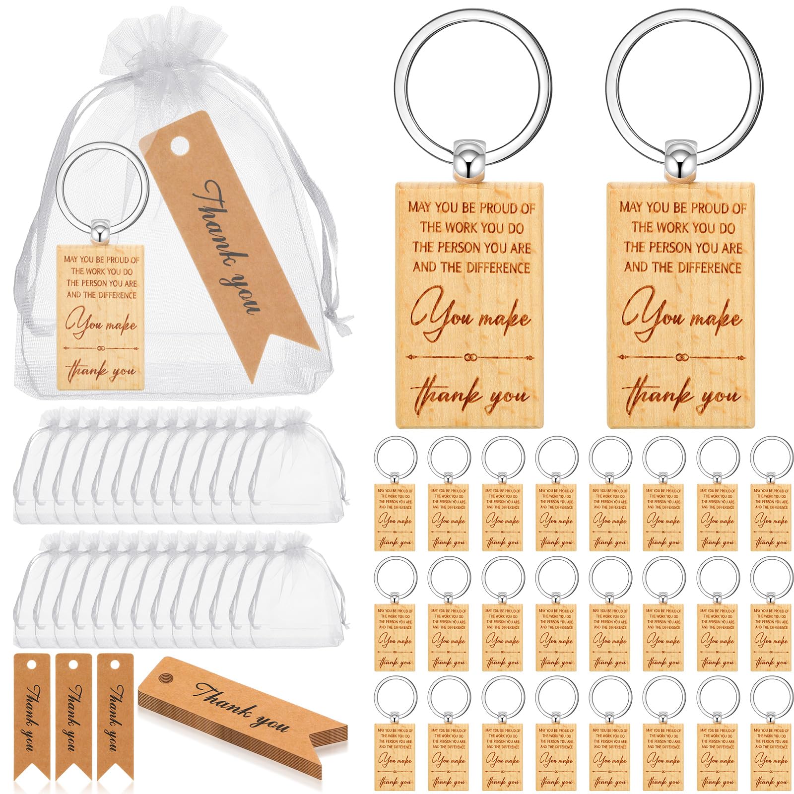 Herdear 24 Set Thank You Gifts Employee Appreciation Gifts Wooden Inspirational Keyring Keychains with Thank You Cards White Organza Bags Christmas Gifts Bulk for Colleagues Staff Women Men(Classic)