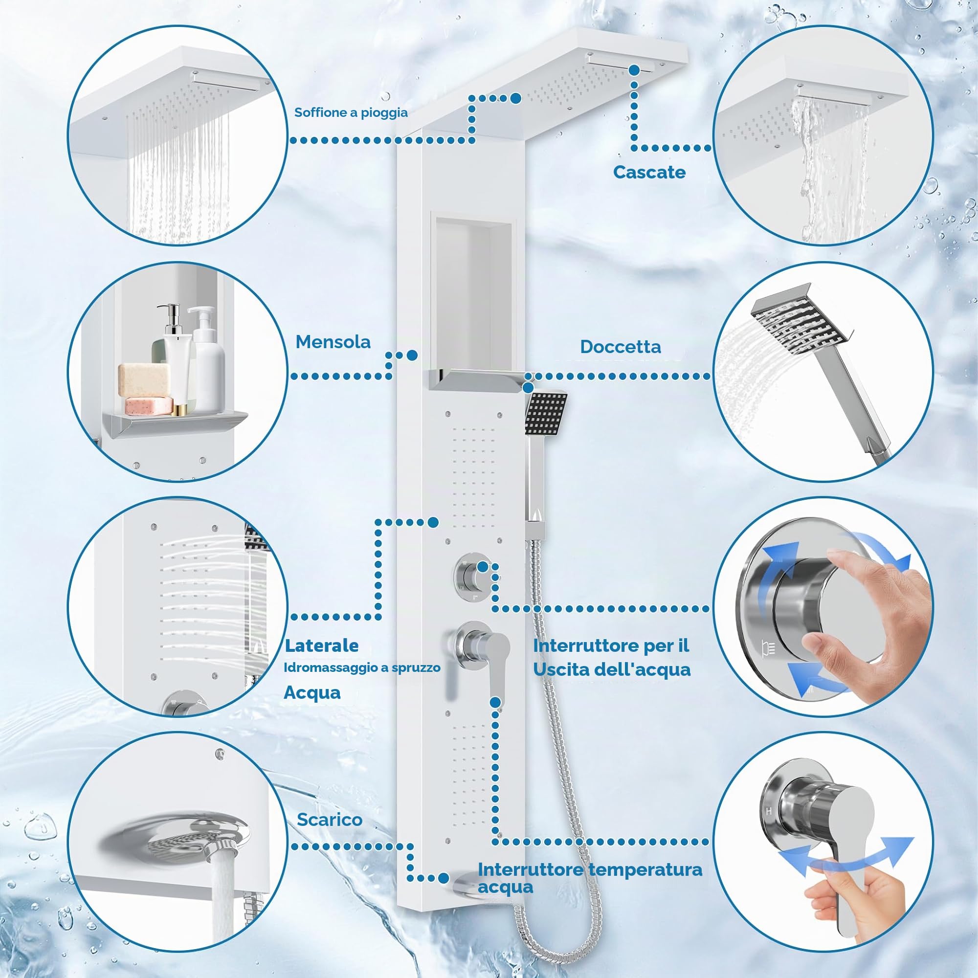 YUENFONG Pannello doccia 5 in 1 in acciaio inox, doccia multifunzione, con doccia a pioggia, cascata, massaggio alla schiena, doccetta, facile da montare a parete, bianco