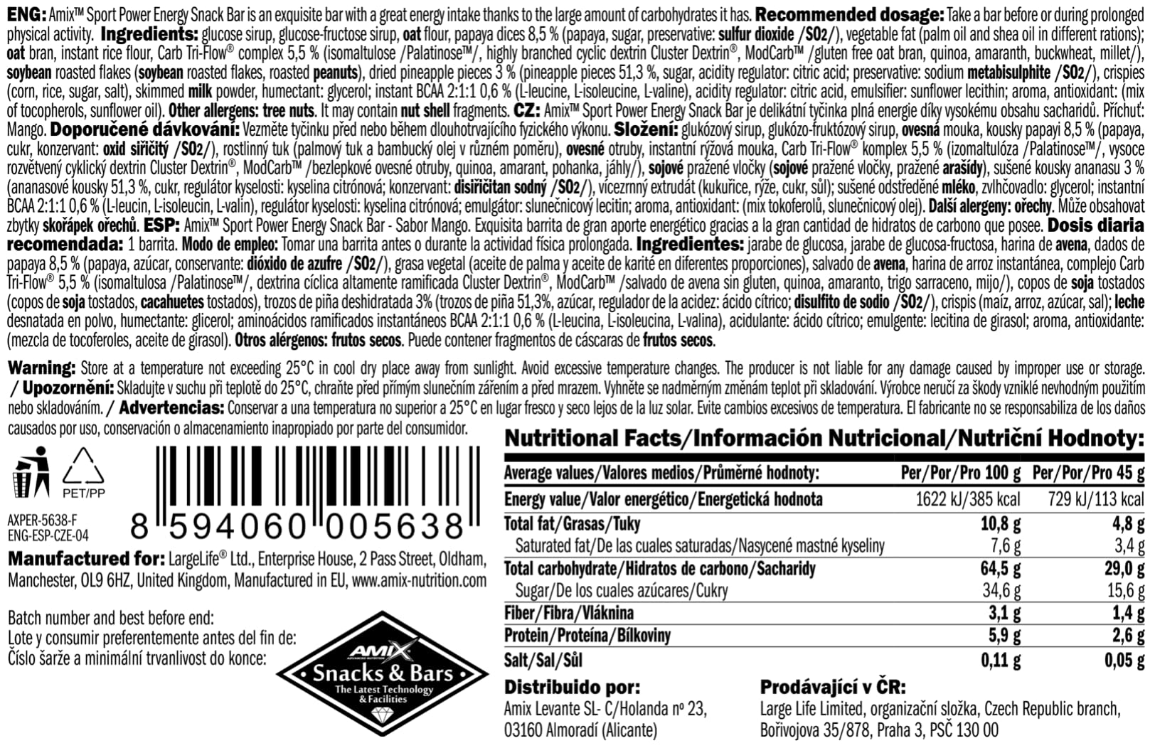 Amix - Pack de 20 Barritas Energética Sport Power de 45 g - Contiene Hidratos de Carbono - Ayuda al Rendimiento Físico - Fuente de Minerales y Vitaminas - Sabor Mango