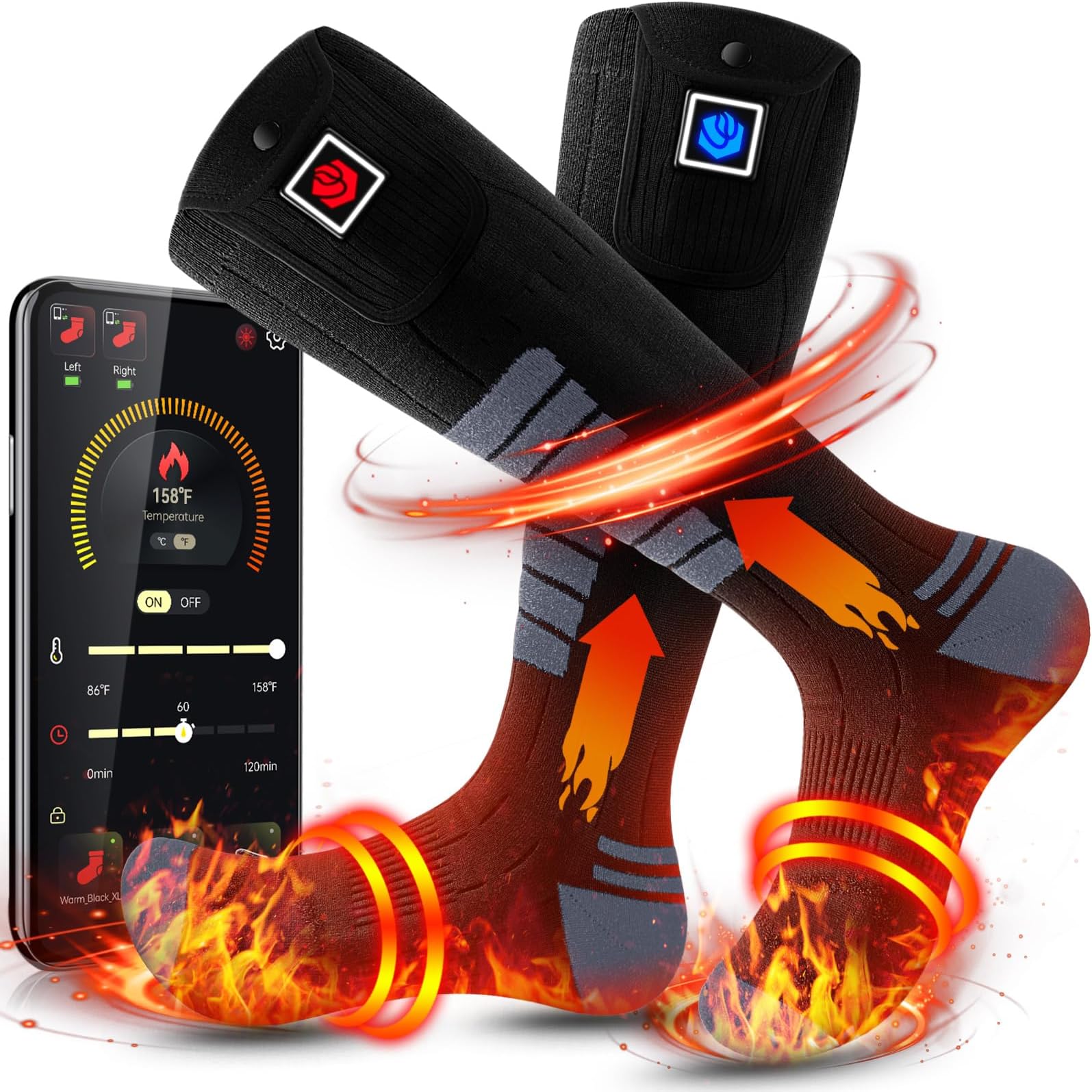 Heated Socks 2023 WASOTO Upgraded for Men Women 9V Battery 27WH Heating Socks with APP Remote Control for Fishing Hunting Camping Hiking Outdoor Work(Black,L)