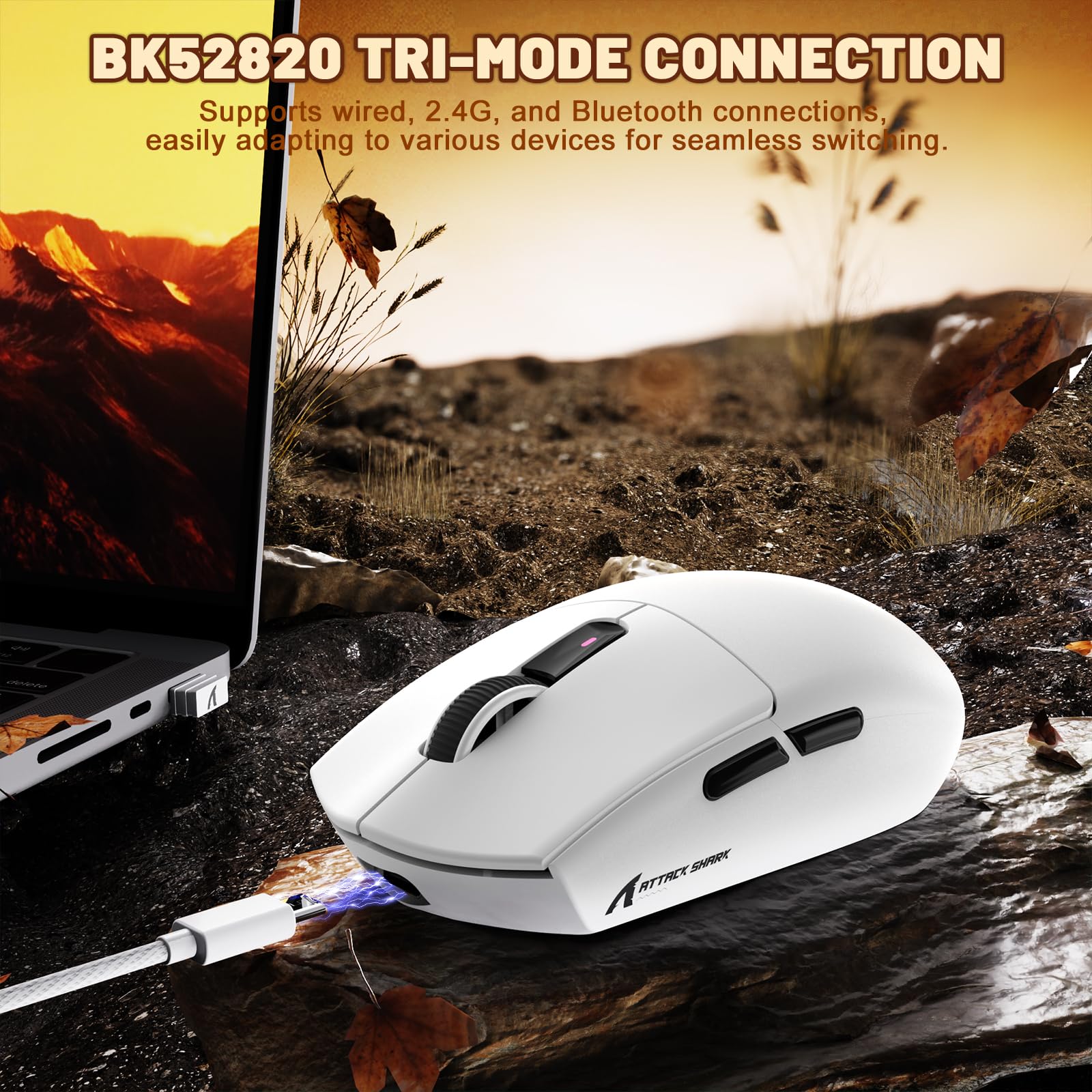 MAMBASNAKE x ATTACK SHARK G3 Mouse da Gioco Wireless, Leggero 59g, Sensore Ottico PAW3311, 25 000 DPI, Bluetooth/2.4G/USB-C, 5 Pulsanti Programmabili, Batteria da 500mAh per PC/Mac – Bianco
