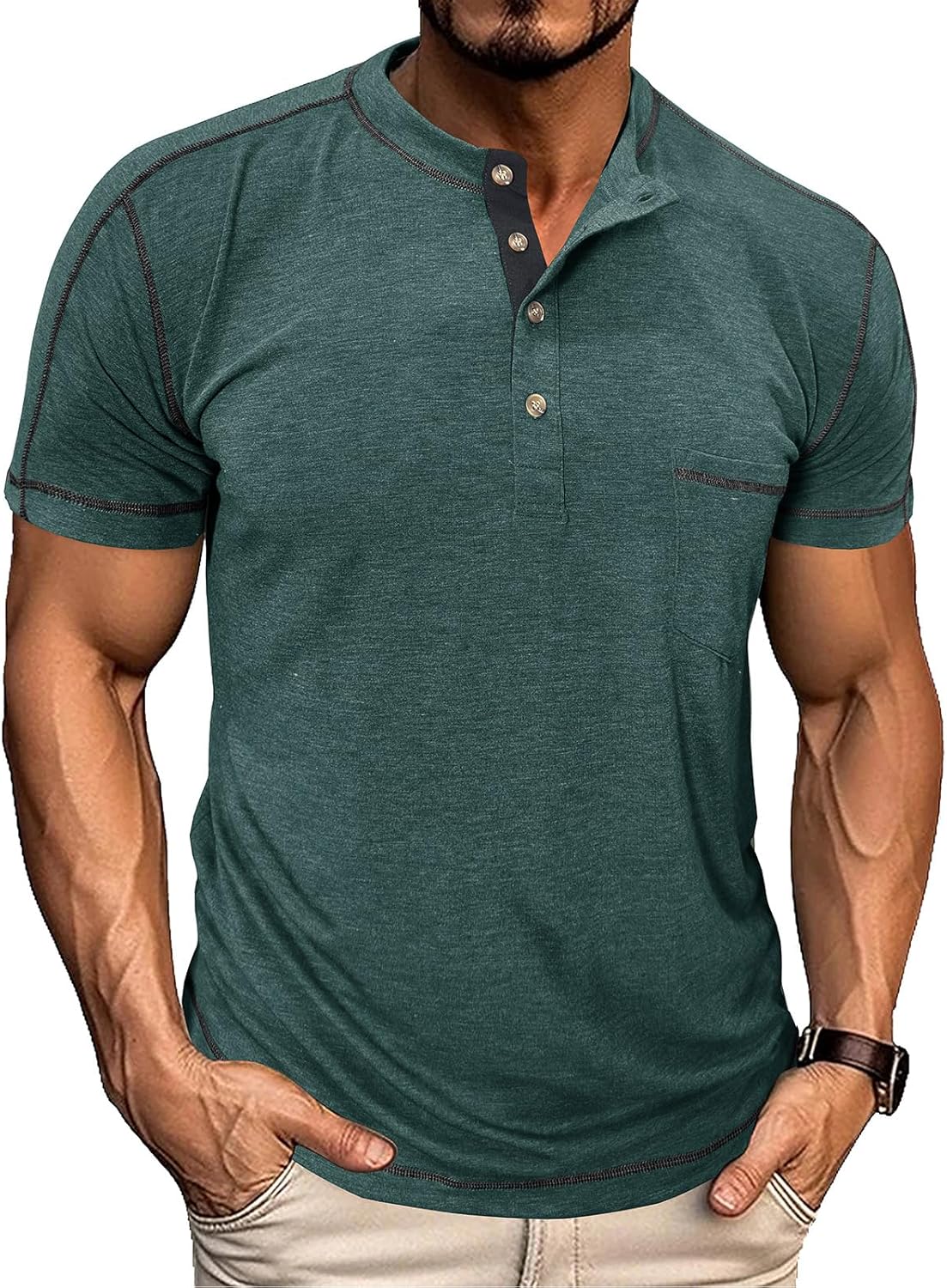 Tee Shirt Homme en Col Rond Henley T-Shirt avec Manches Courtes et Boutons Basic Tee Casual Top pour Homme