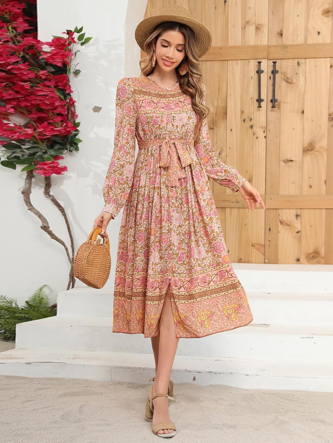 R.Vivimos Women's Long Sleeve Boho Floral Print Dress Crew Neck Button Down Casual Loose Slit Flowy Midi Dress with Belt - Image 4