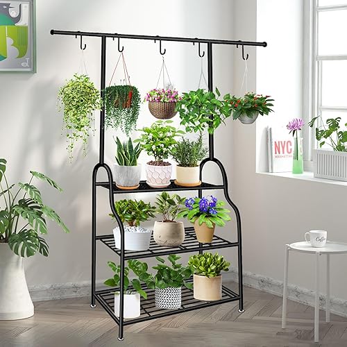 Miniatura 9 de Soporte de metal para plantas de 3 niveles para interiores y exteriores, estante de metal resistente para múltiples macetas de flores, soporte alto