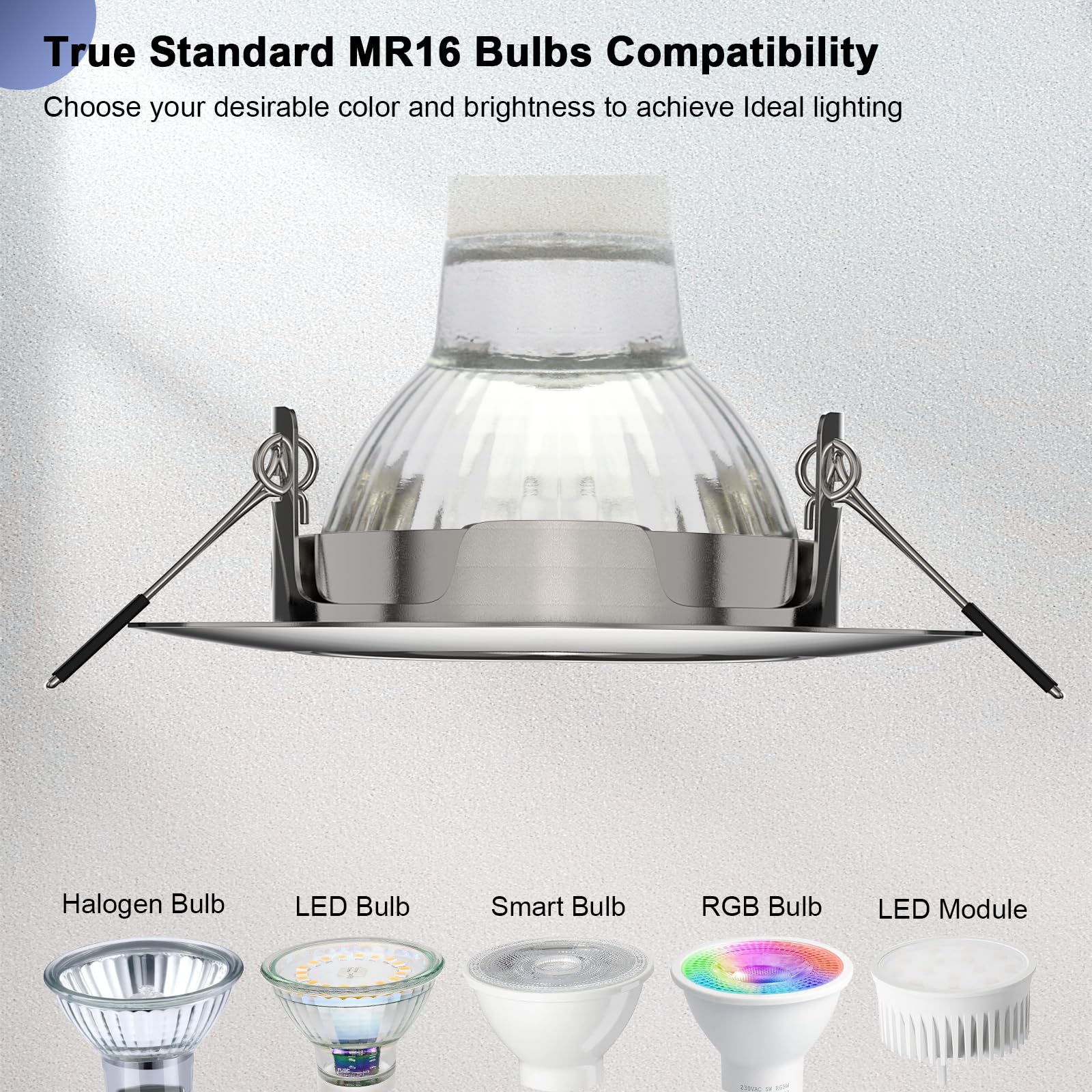 Paquete de 6 marcos de montaje empotrables de techo, compatibles con bombillas MR16 GU5.3, soportes redondos ajustables para armarios comerciales, cromo pulido