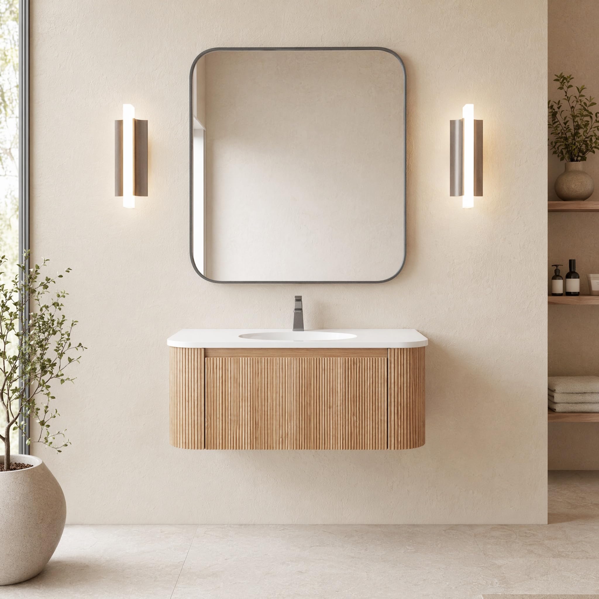 36 Inch Wall Mounted Bathroom Vanity with Ceramic Sink, Pre-Assembled Floating Vanity Cabinet with Marble Countertop, Wave Texture Finish &amp; Drawer, Wood