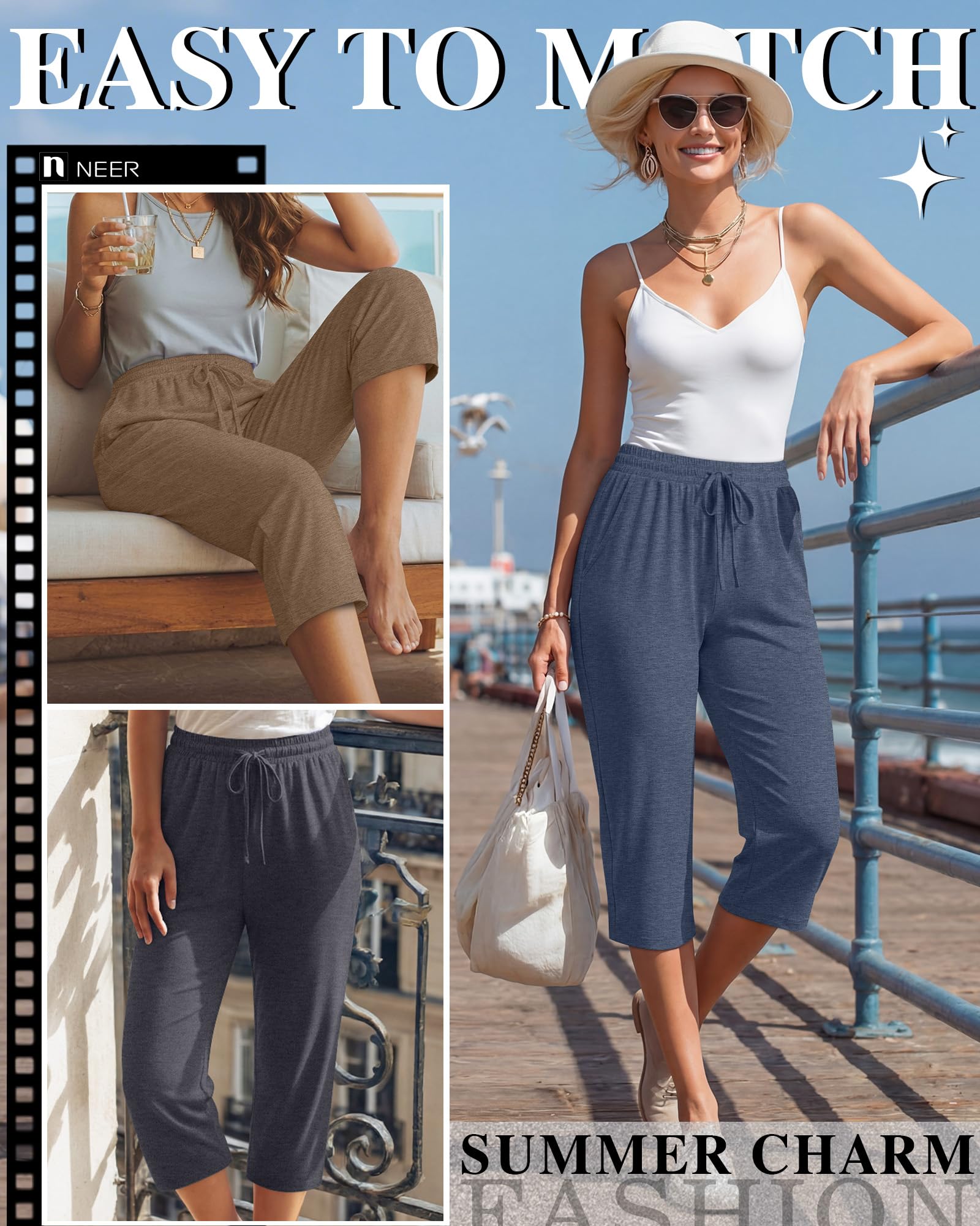 Neer Lot de 4 Pantalons Capri à Jambes Larges pour Femme - Pantalon de Yoga avec Cordon de Serrage - Coupe Ample - avec Poches