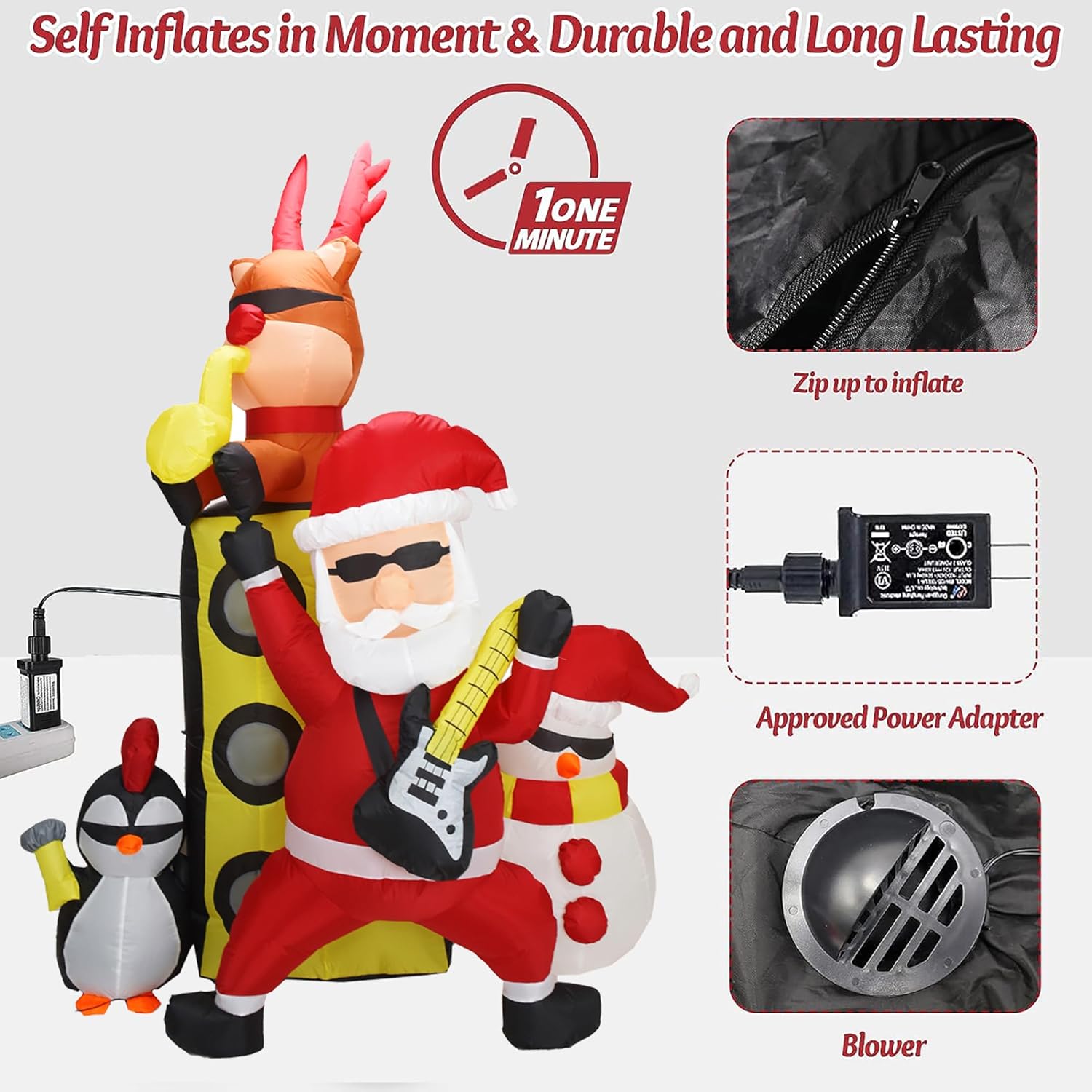 8FT Christmas Inflatables Santa with Friends Reindeer&Penguin&Snowman Holding Concert Outdoor Decorations with Led Lights Xmas Blow up Yard Decorations for Lawn Garden Patio Holiday Party Decor