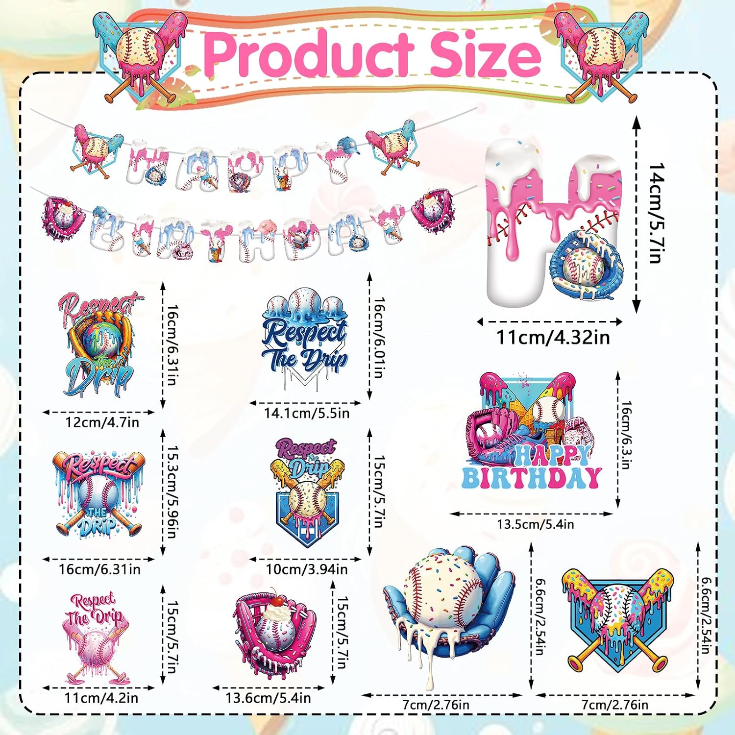 Ice Cream Drip Baseball Decorations Set - 35Pcs includes Base Ball Icecream Theme Banners & Hanging Swirls Backdrop Cupcake Toppers Supplies for Birthday Party Decoration