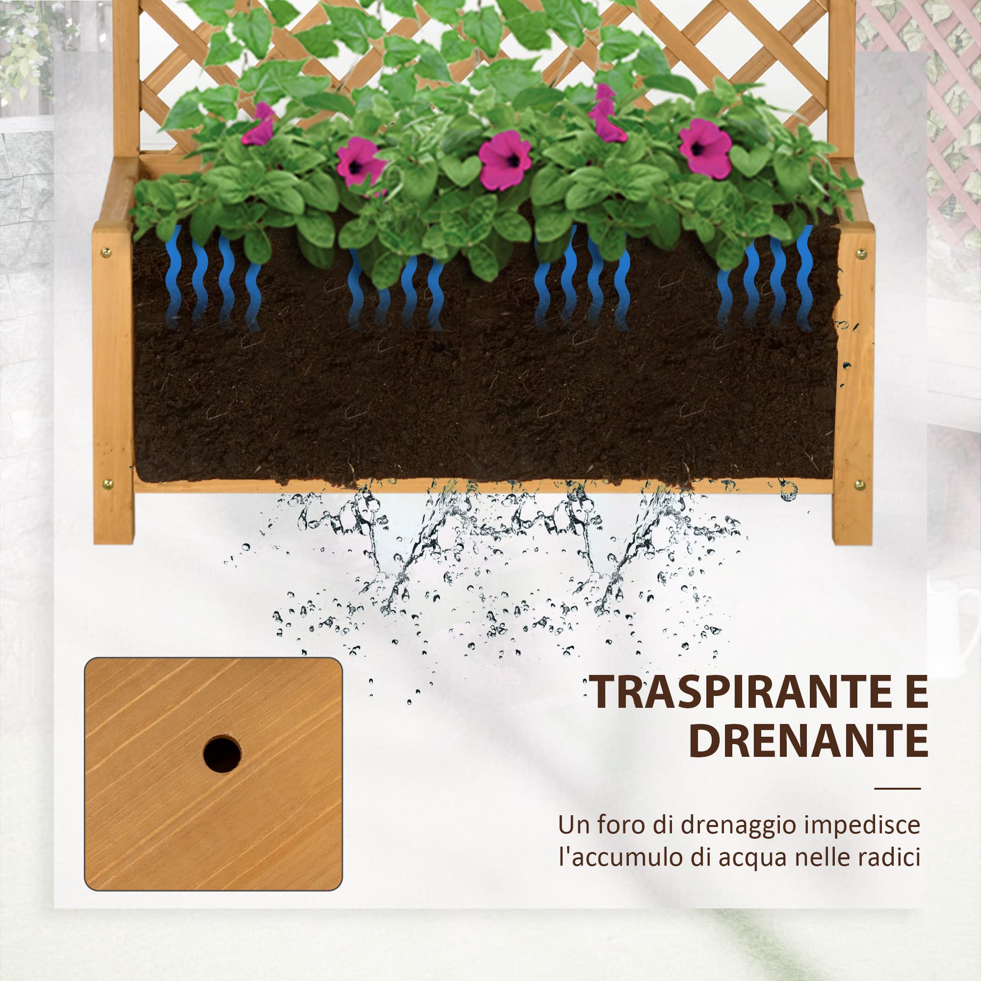 Outsunny Letto per Orto Rialzato da Esterno con Grigliato, Fioriera da Esterno con Fori di Drenaggio in Legno di Abete, per Fiori e Verdure, per Giardino e Balcone, 90x45x180 cm, Giallo