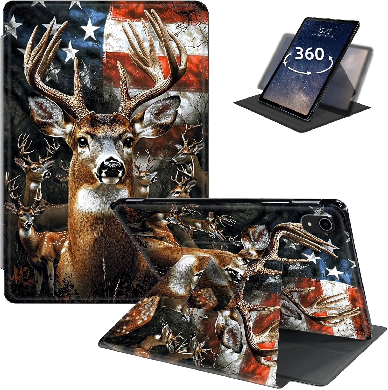 Case for iPad (A16) 11th Generation 11 Inch (2025),iPad 10th Generation 10.9 Inch (2022),360 Degree Rotating Multi-Angle Viewing Case with Auto Sleep/Wake-Deer American Flag Maple Leaf