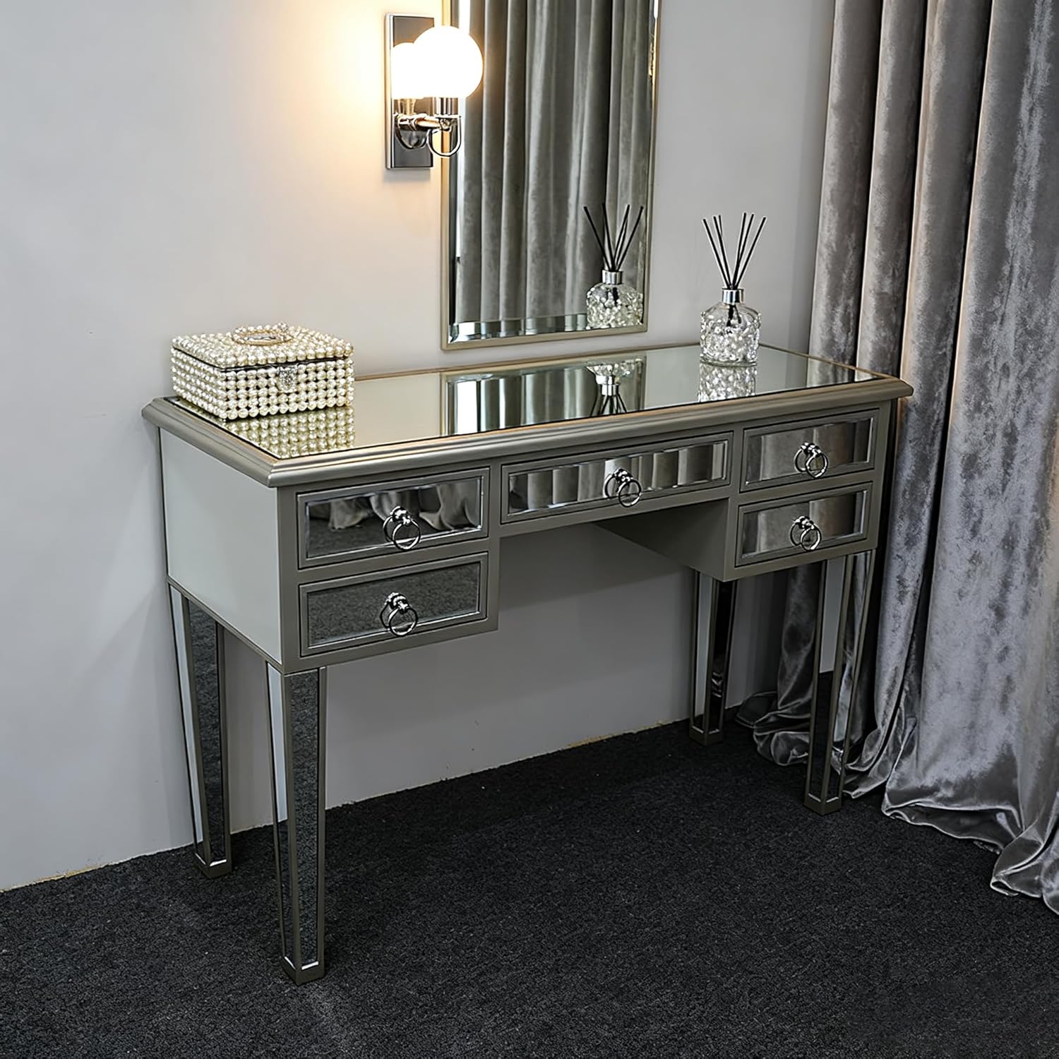 Mirrored Glass Bedside Table with Drawers for Bedroom Mirrored Vanity Desk for Home Office Writing Desk (5 Drawers - 42x15x31)