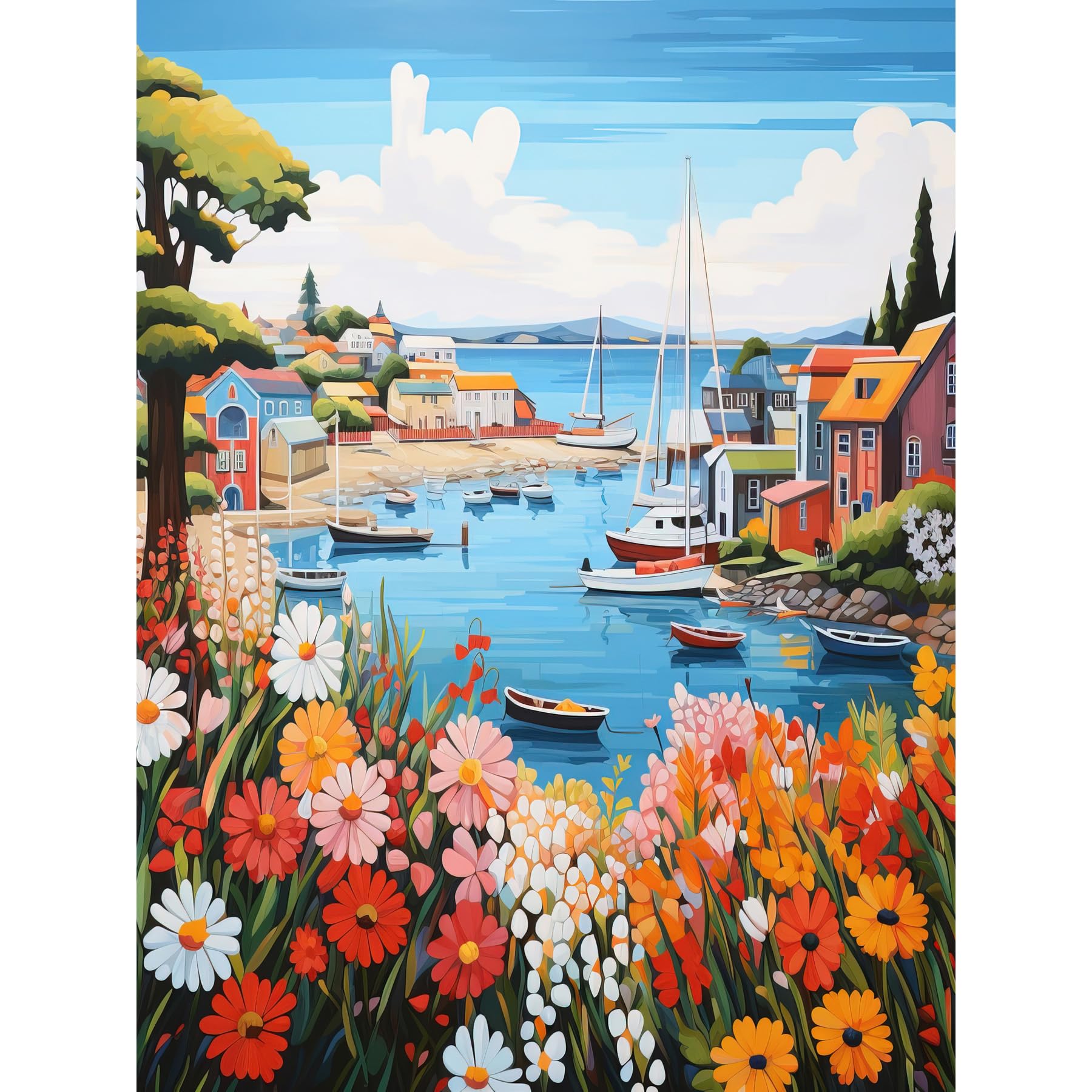 Artery8 - Wall Art Print - Seaside Fishing Village - Oil Painting Style - W18" x H24" - Blue